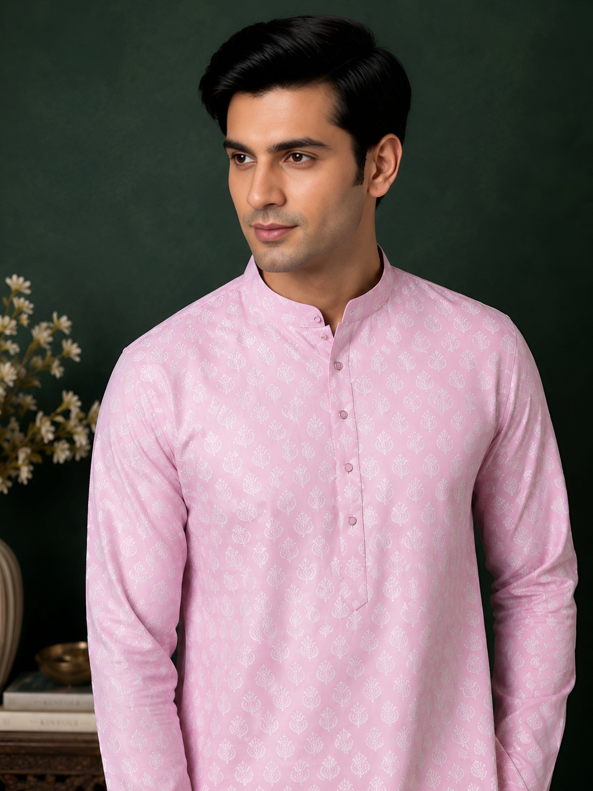 PINK SELF-PRINT SILK MID-LENGTH KURTA