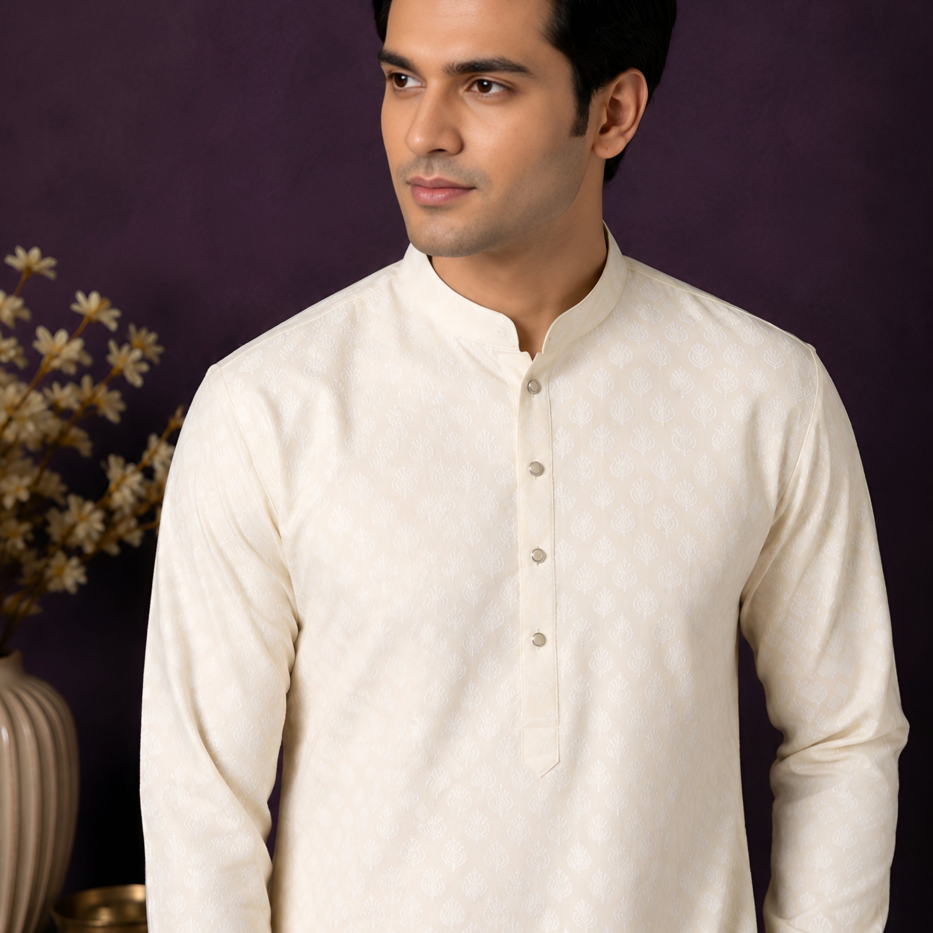 CREAM SELF-PRINT SILK MID-LENGTH KURTA