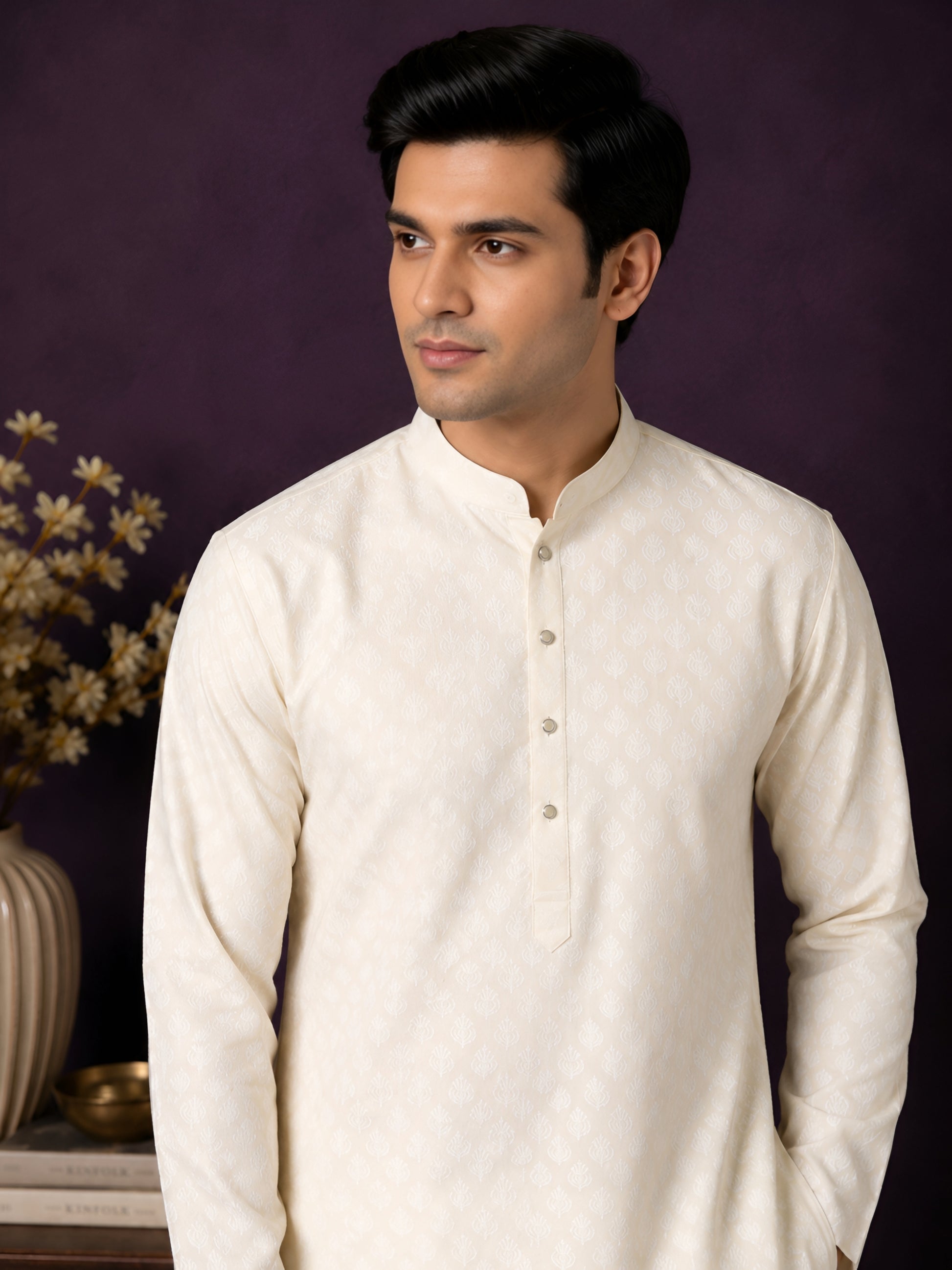 CREAM SELF-PRINT SILK MID-LENGTH KURTA