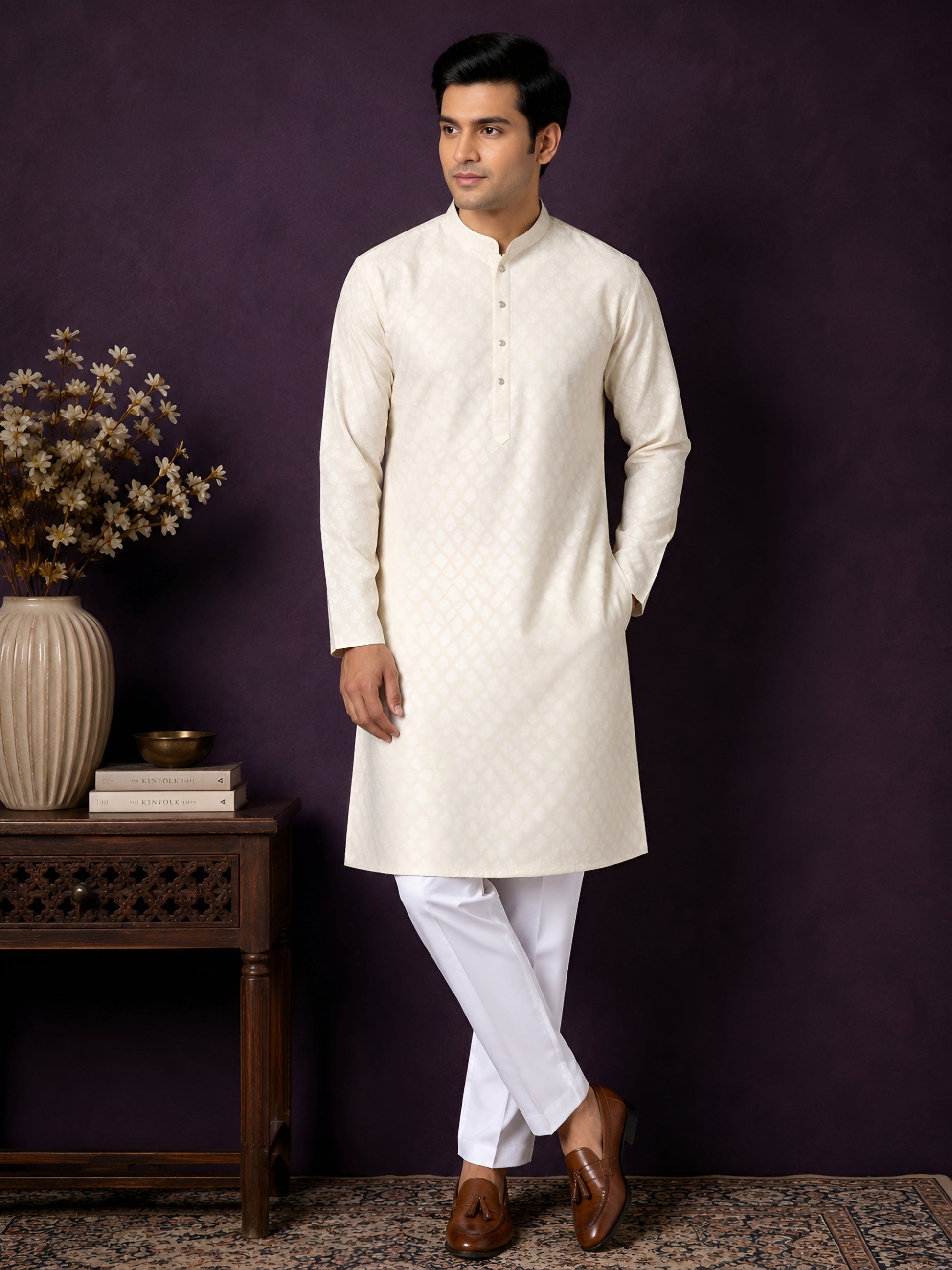 CREAM SELF-PRINT SILK MID-LENGTH KURTA
