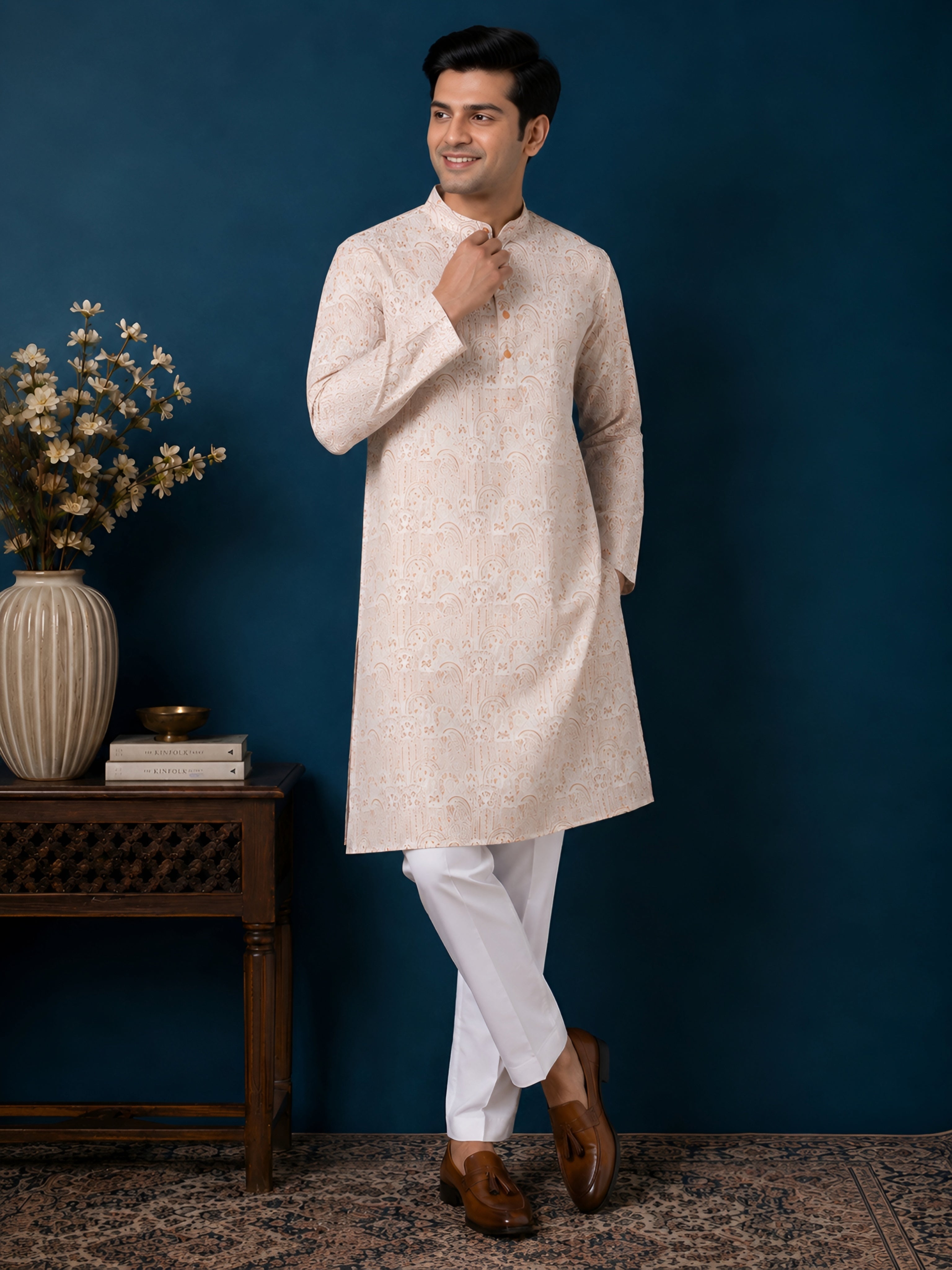 ORANGE JACQUARD SILK MID-LENGTH KURTA