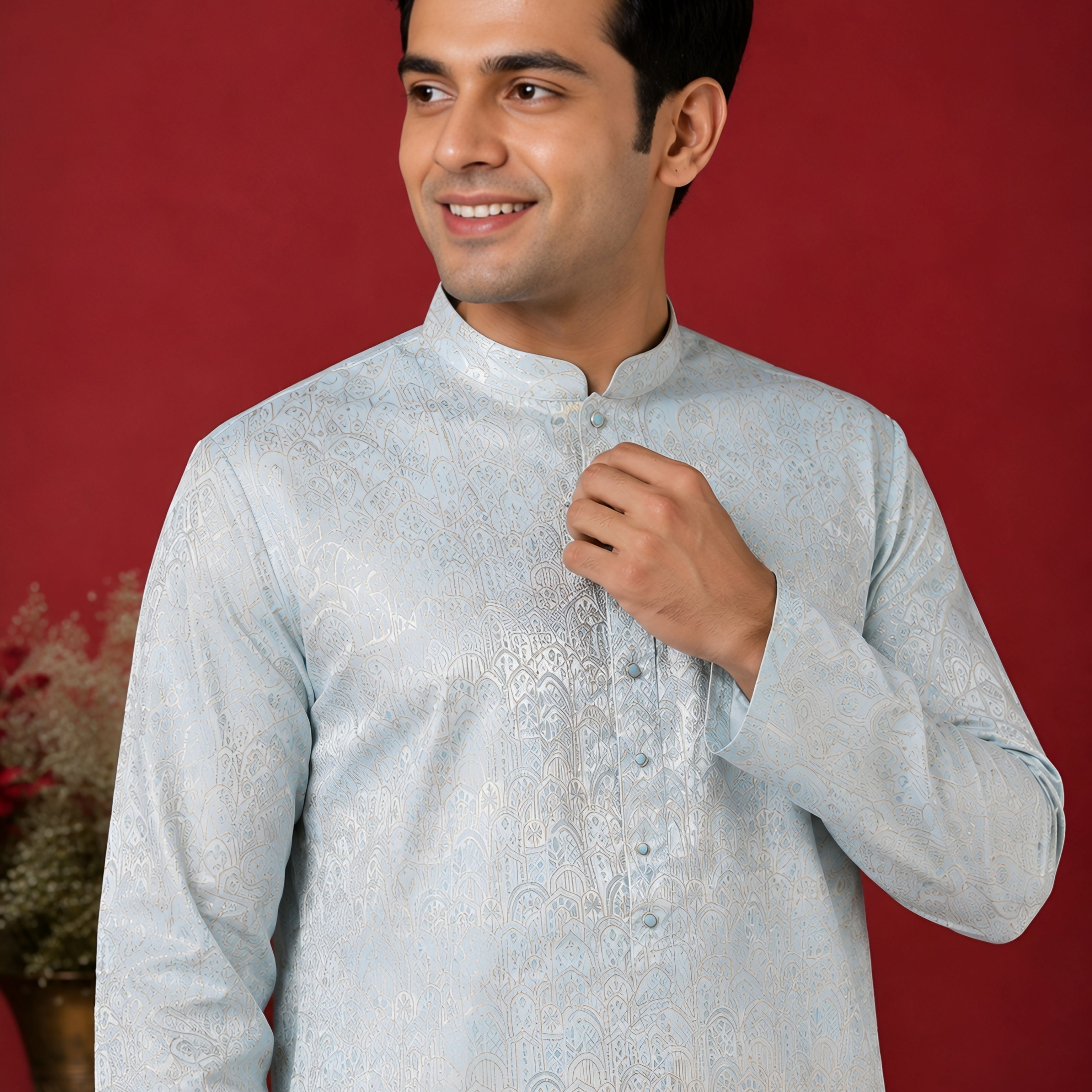 SKY BLUE JACQUARD SILK MID-LENGTH KURTA