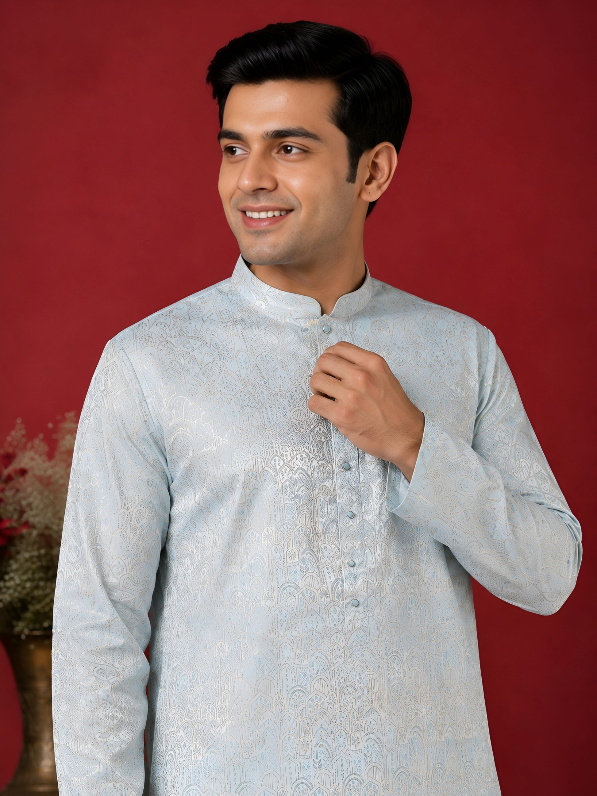 SKY BLUE JACQUARD SILK MID-LENGTH KURTA