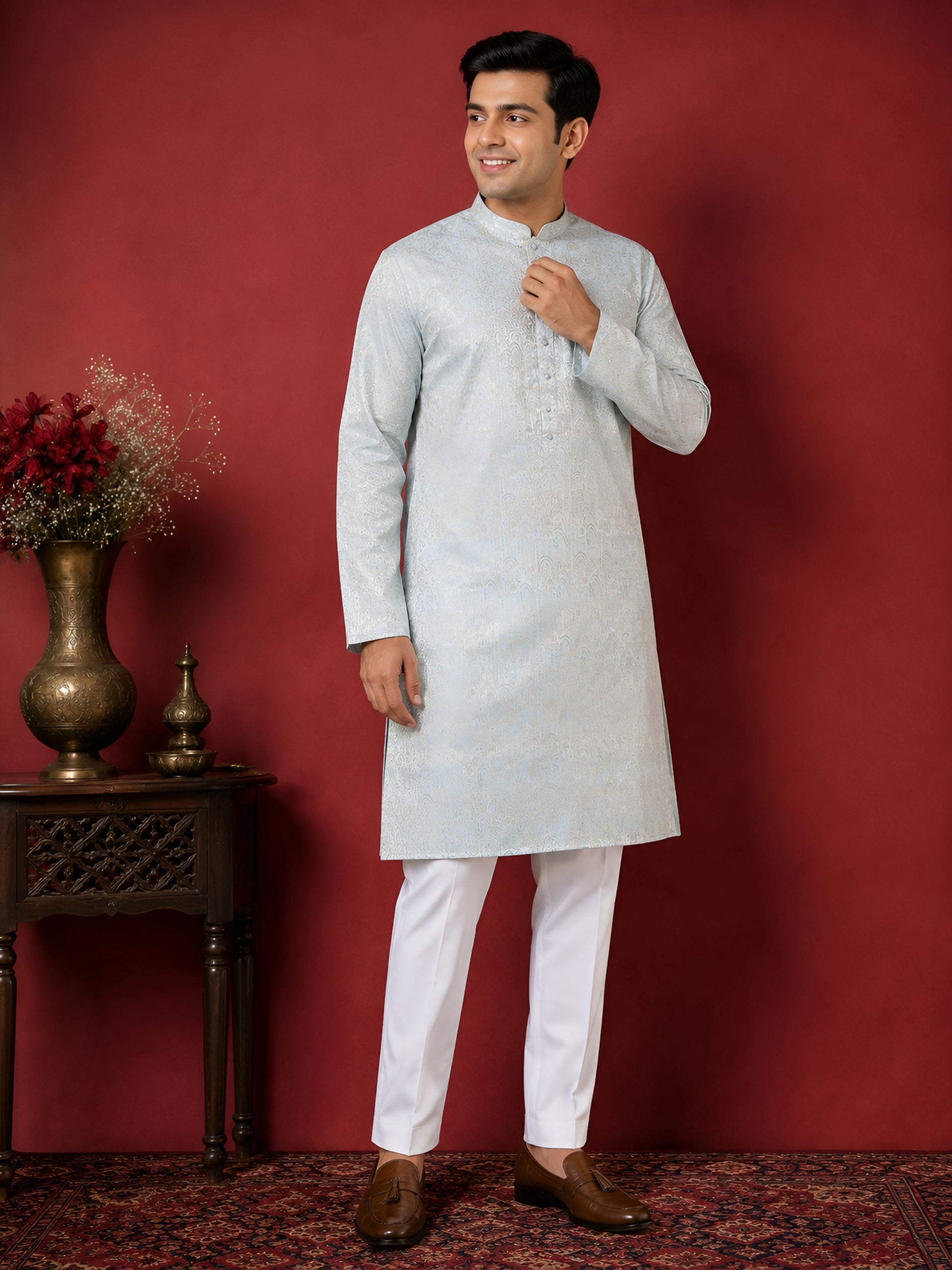 SKY BLUE JACQUARD SILK MID-LENGTH KURTA