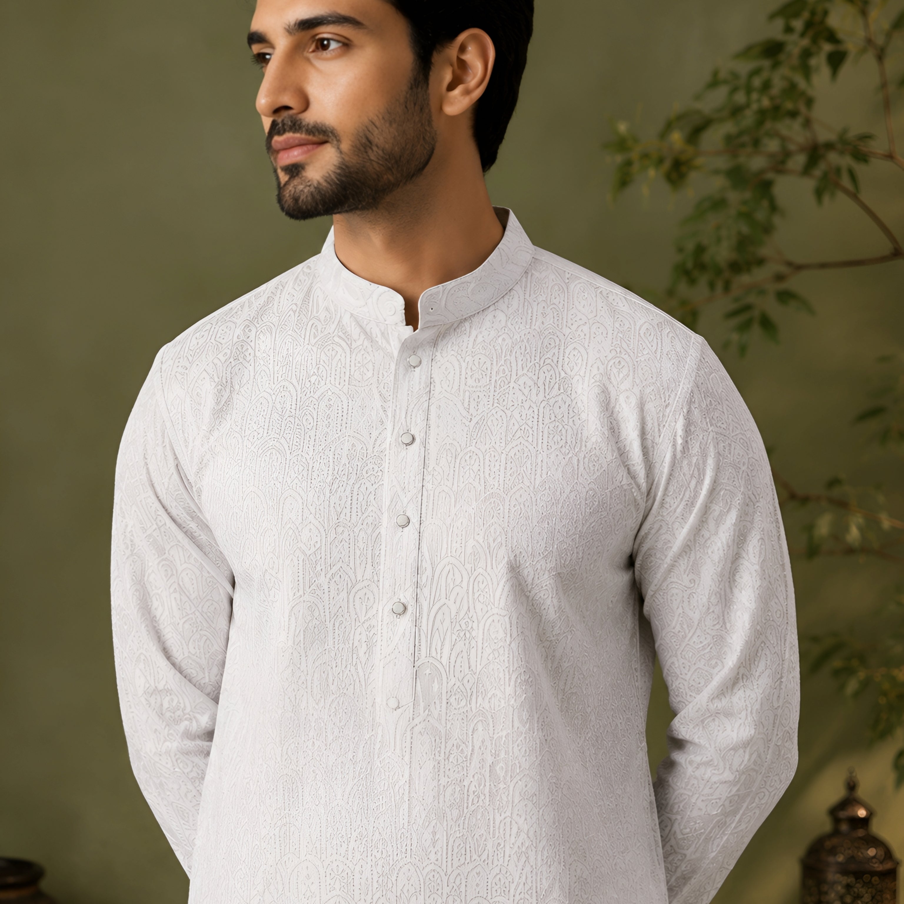 WHITE JACQUARD SILK MID-LENGTH KURTA
