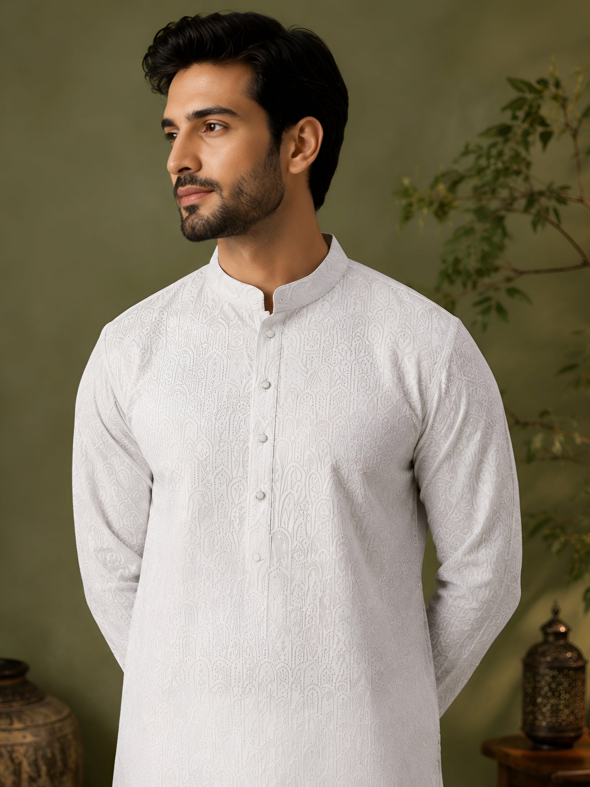 WHITE JACQUARD SILK MID-LENGTH KURTA