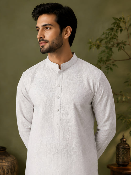 WHITE JACQUARD SILK MID-LENGTH KURTA