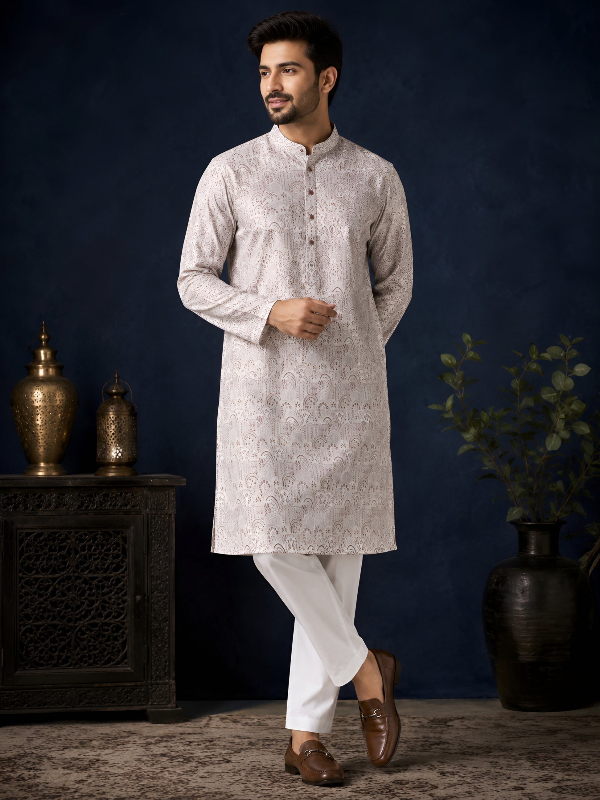 ONION PINK JACQUARD SILK MID-LENGTH KURTA