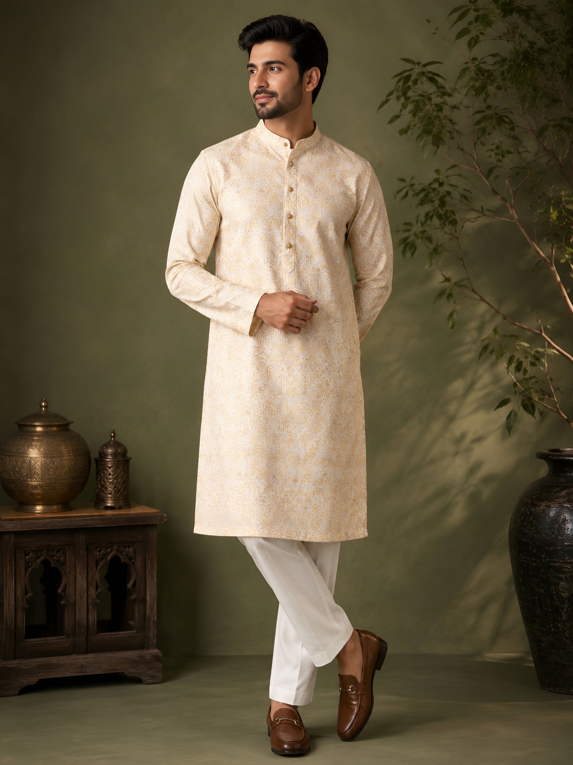 YELLOW JACQUARD SILK MID-LENGTH KURTA