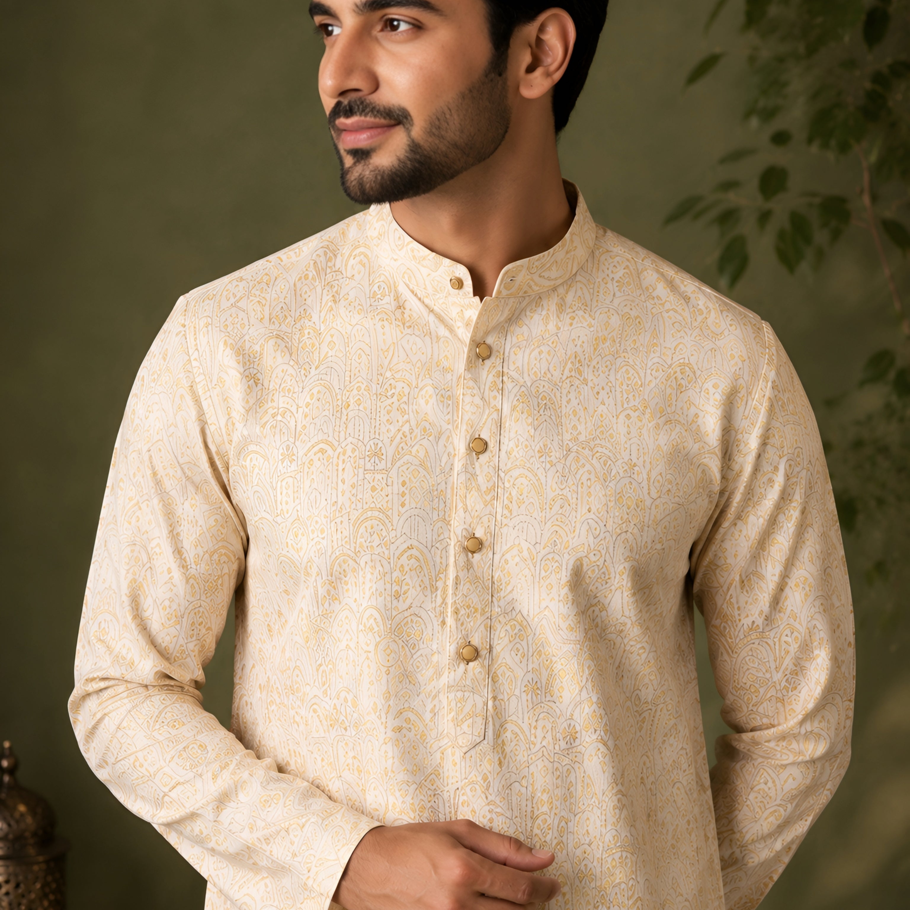 YELLOW JACQUARD SILK MID-LENGTH KURTA