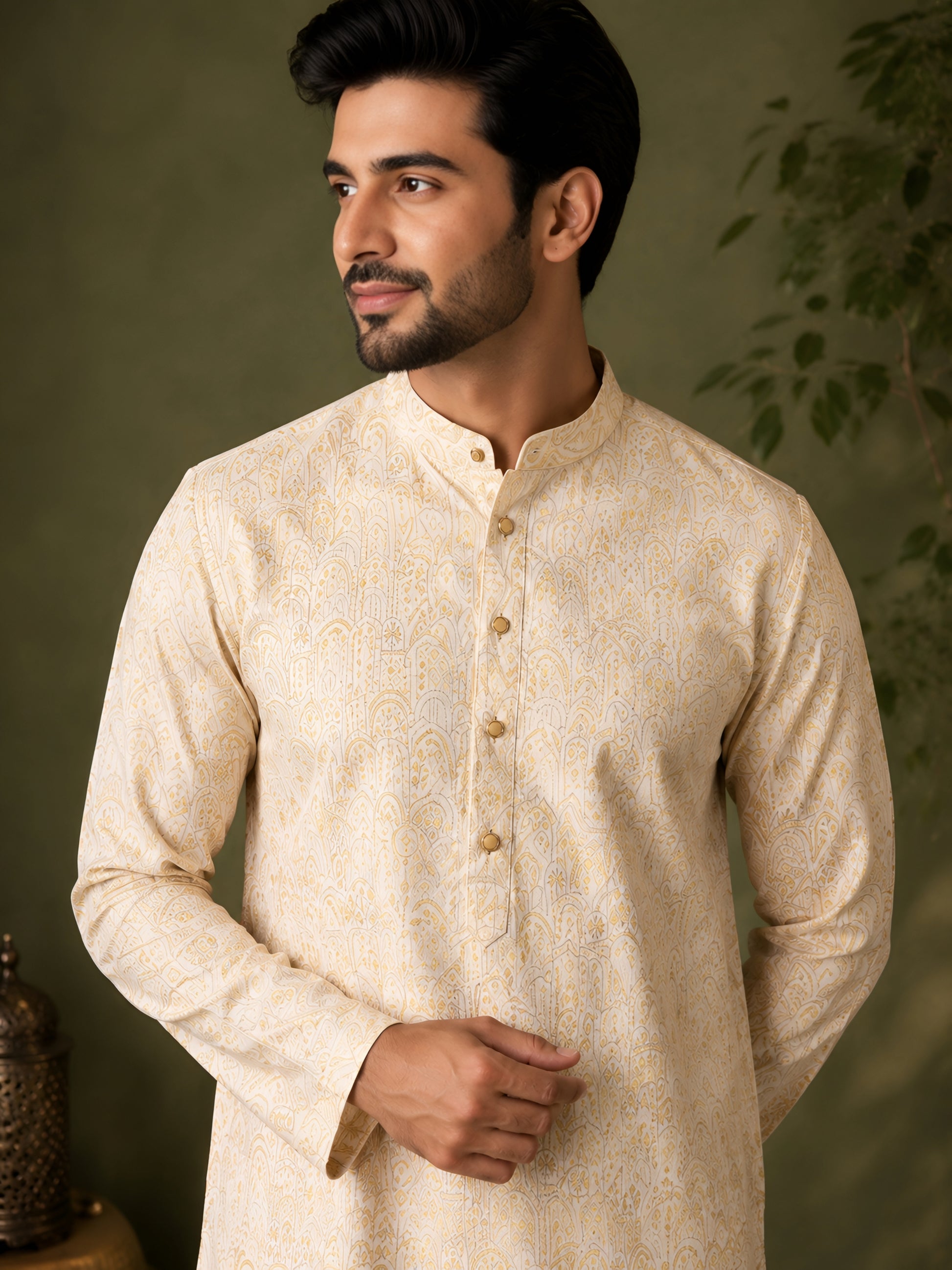 YELLOW JACQUARD SILK MID-LENGTH KURTA