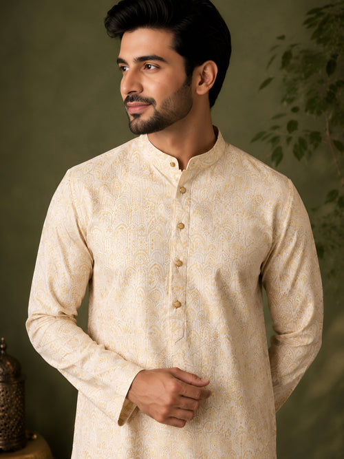 YELLOW JACQUARD SILK MID-LENGTH KURTA