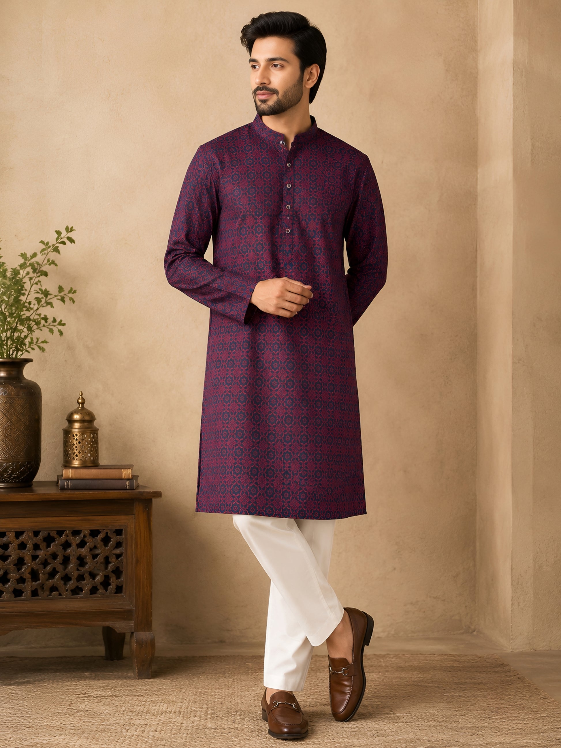 MAROON JACQUARD SILK MID-LENGTH KURTA