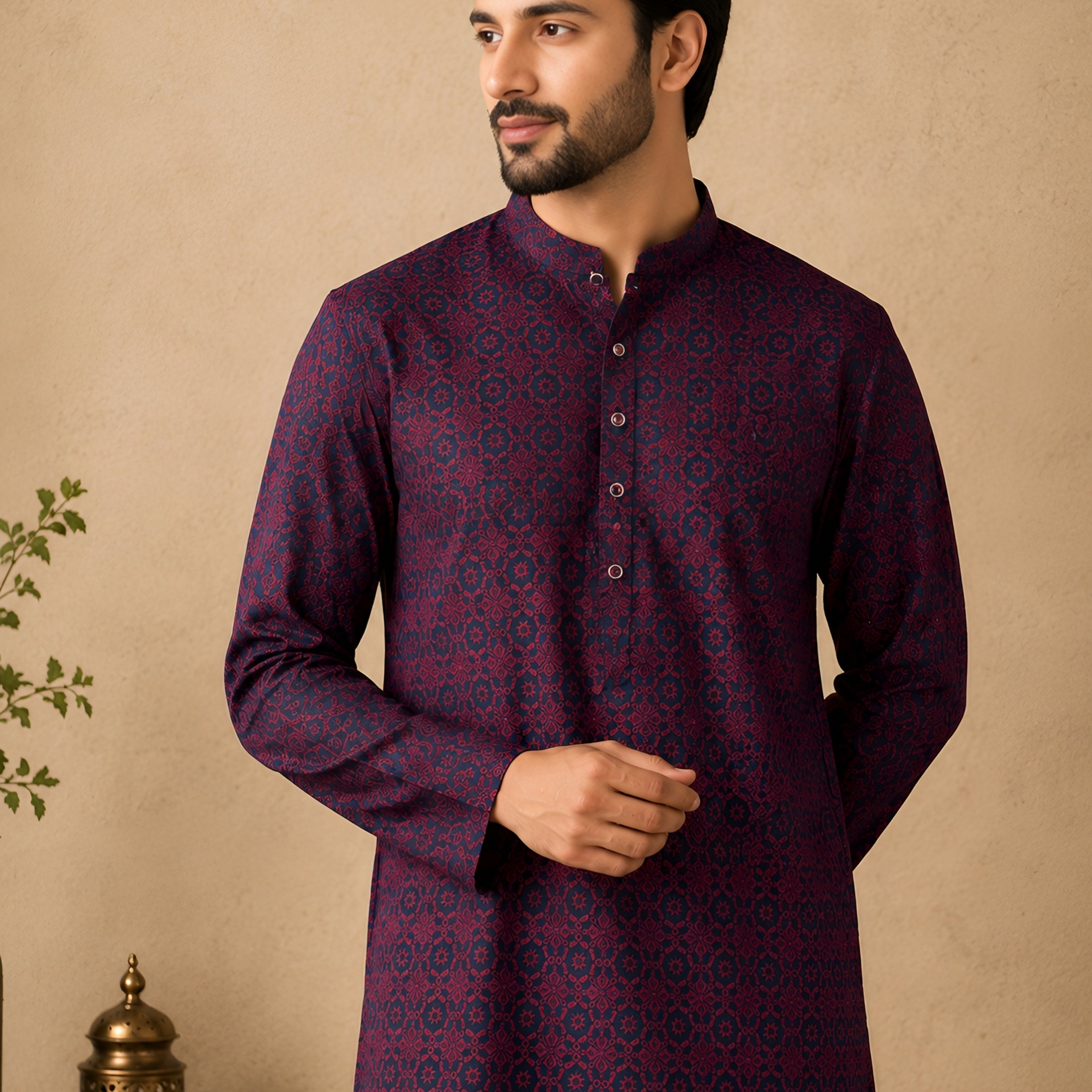 MAROON JACQUARD SILK MID-LENGTH KURTA