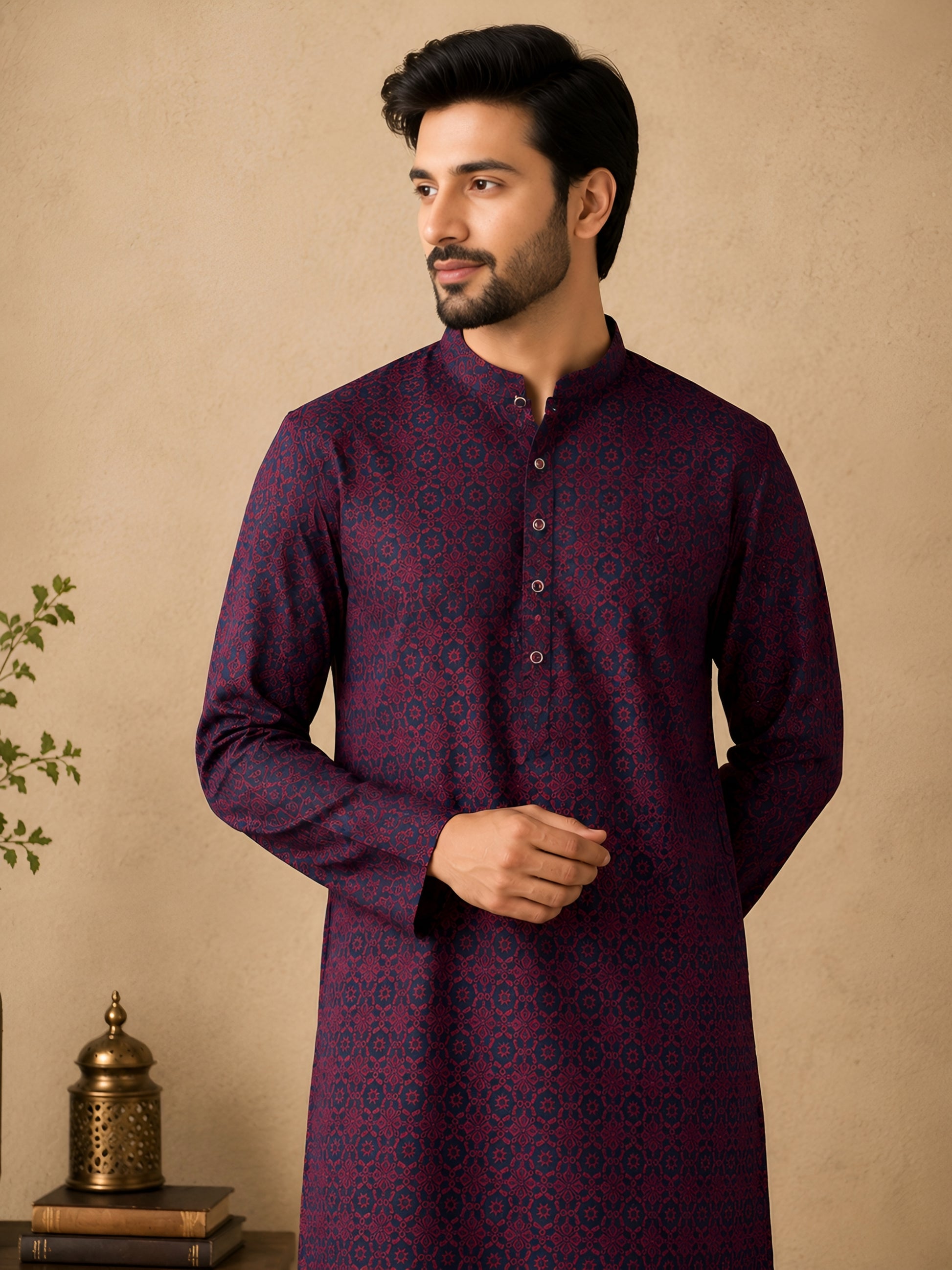 MAROON JACQUARD SILK MID-LENGTH KURTA