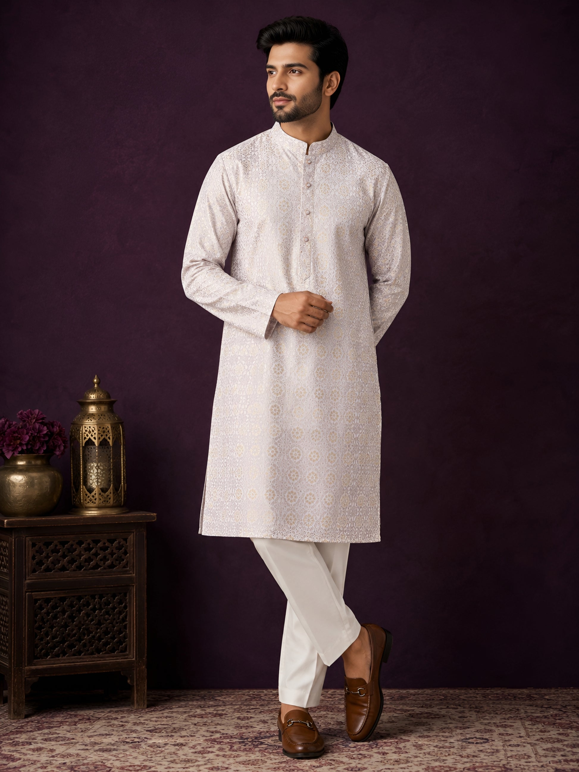 LAVENDER JACQUARD SILK MID-LENGTH KURTA