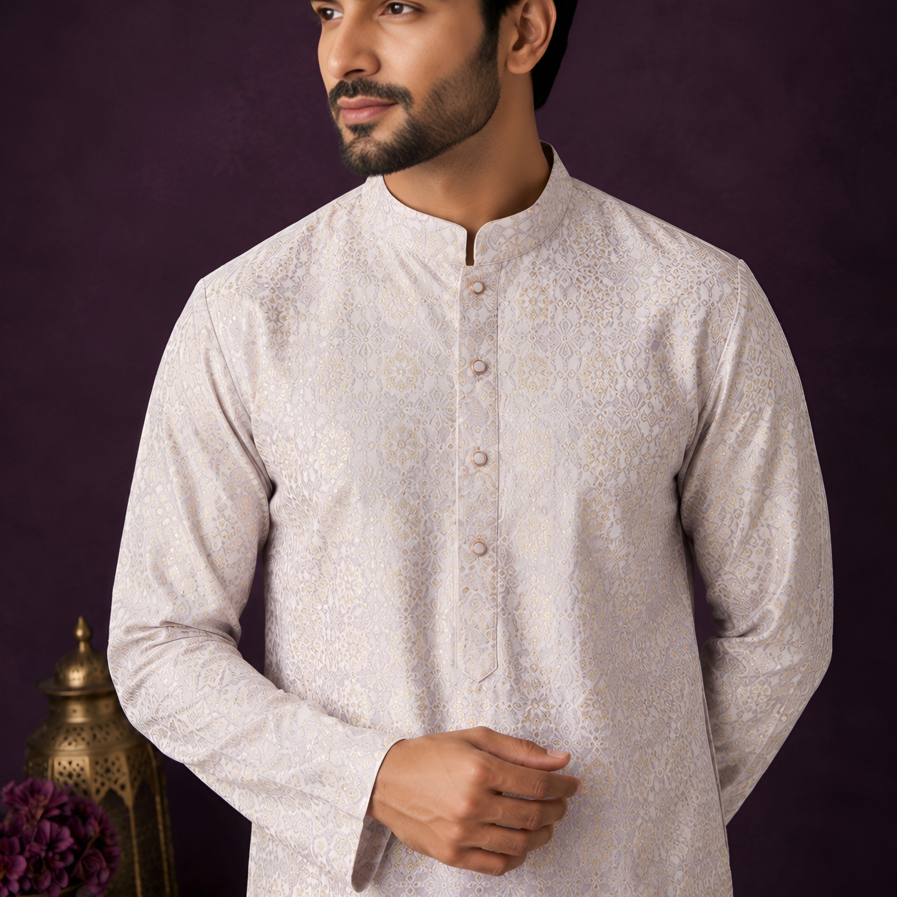 LAVENDER JACQUARD SILK MID-LENGTH KURTA