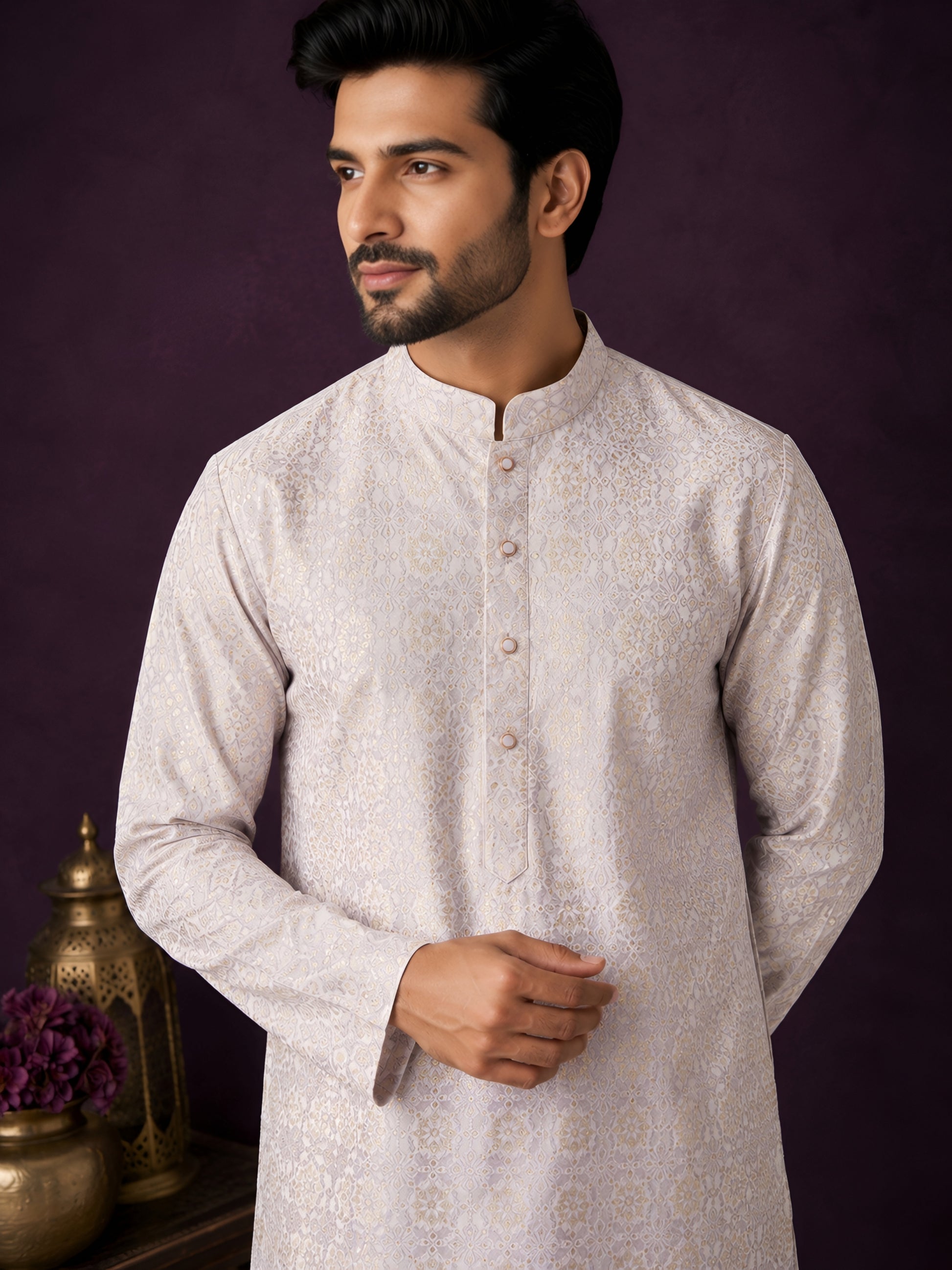 LAVENDER JACQUARD SILK MID-LENGTH KURTA