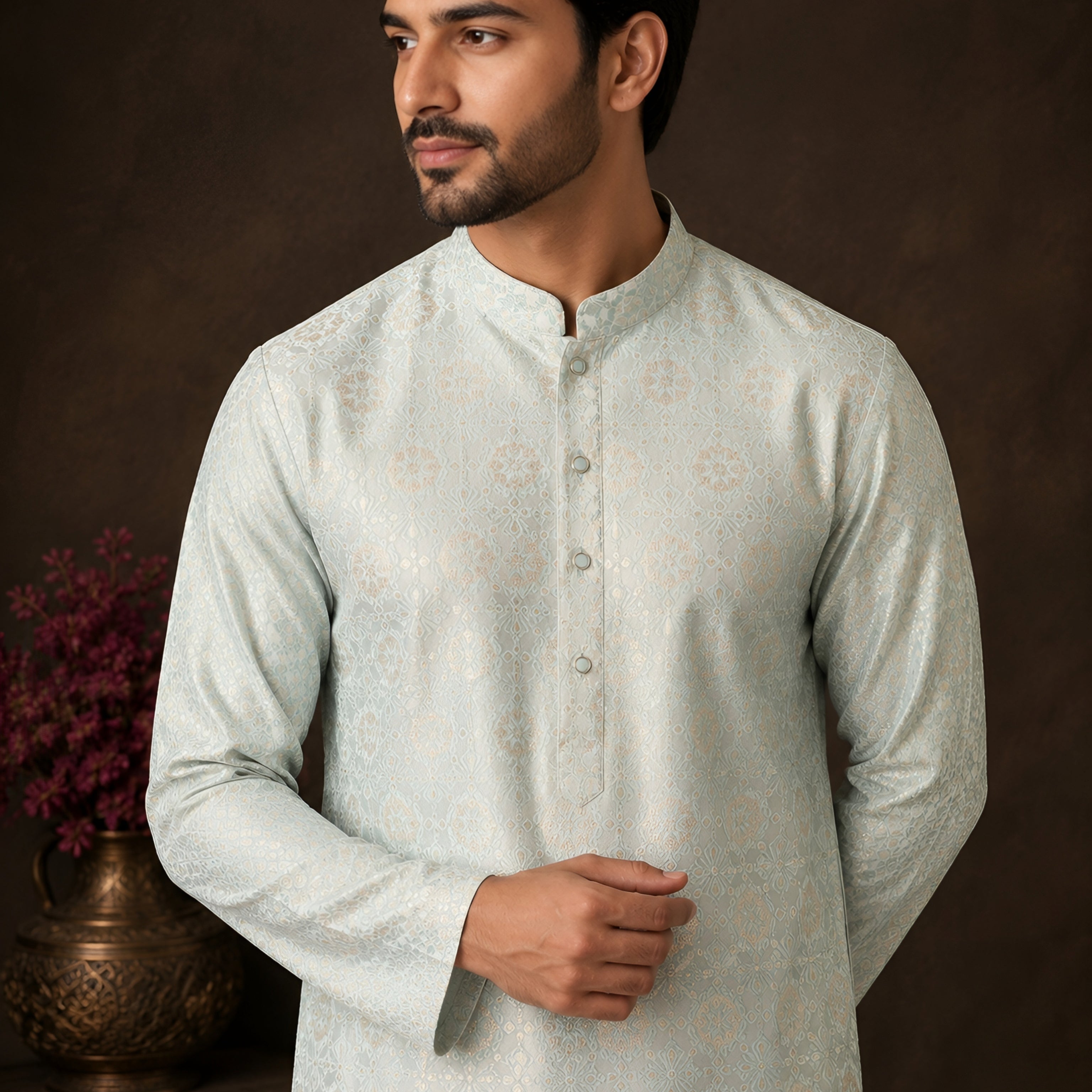 SEA GREEN JACQUARD SILK MID-LENGTH KURTA