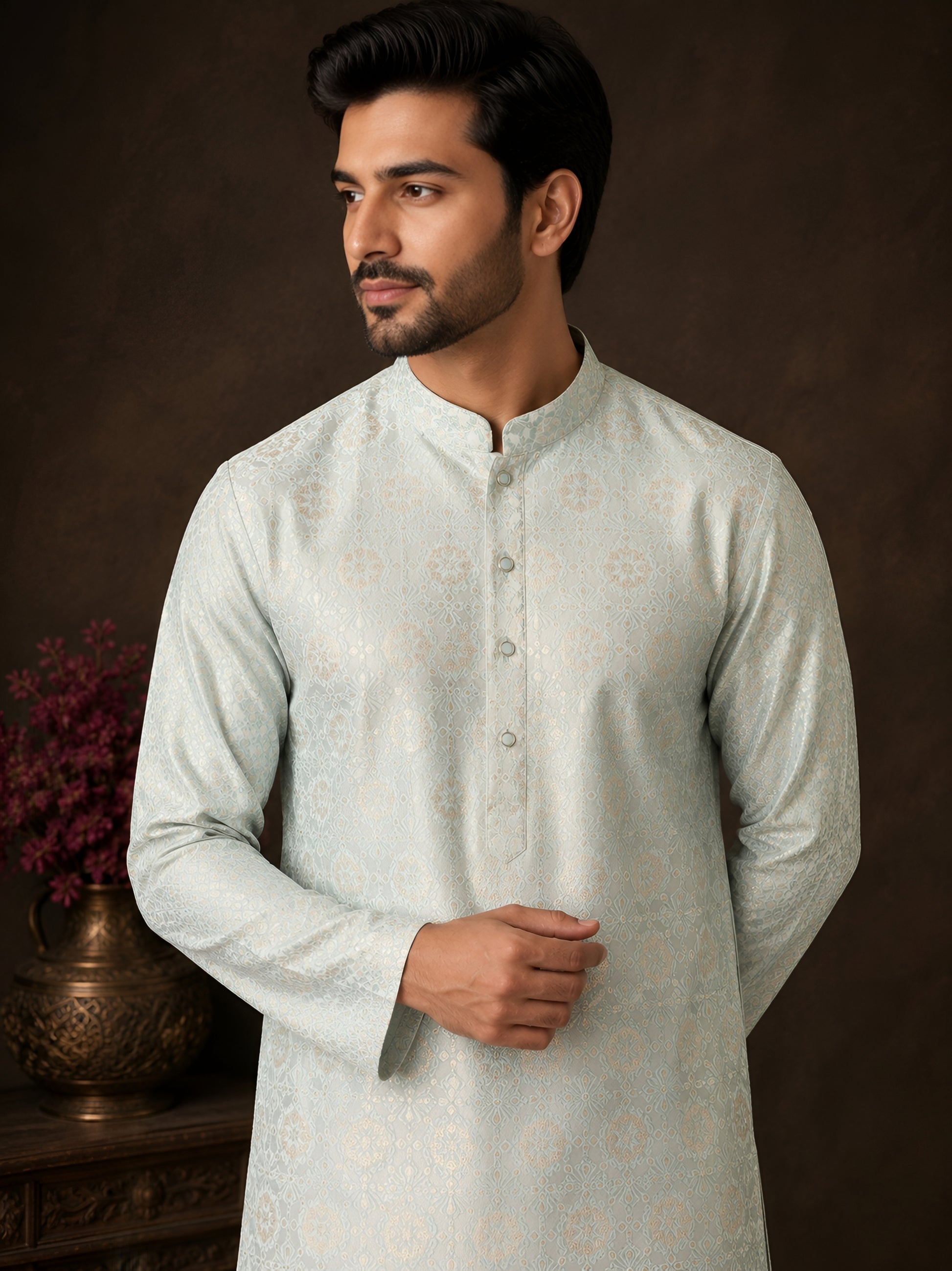 SEA GREEN JACQUARD SILK MID-LENGTH KURTA