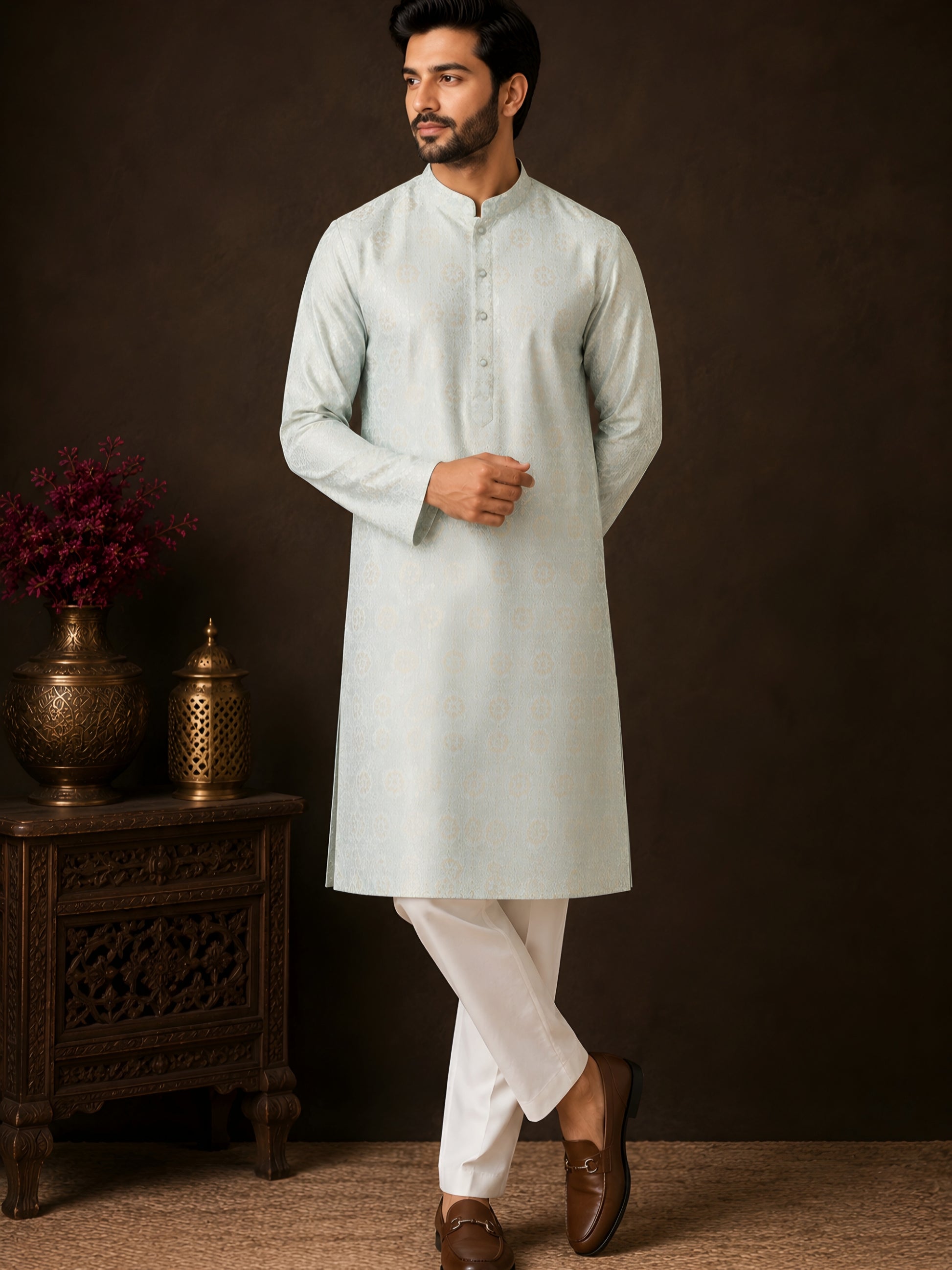 SEA GREEN JACQUARD SILK MID-LENGTH KURTA