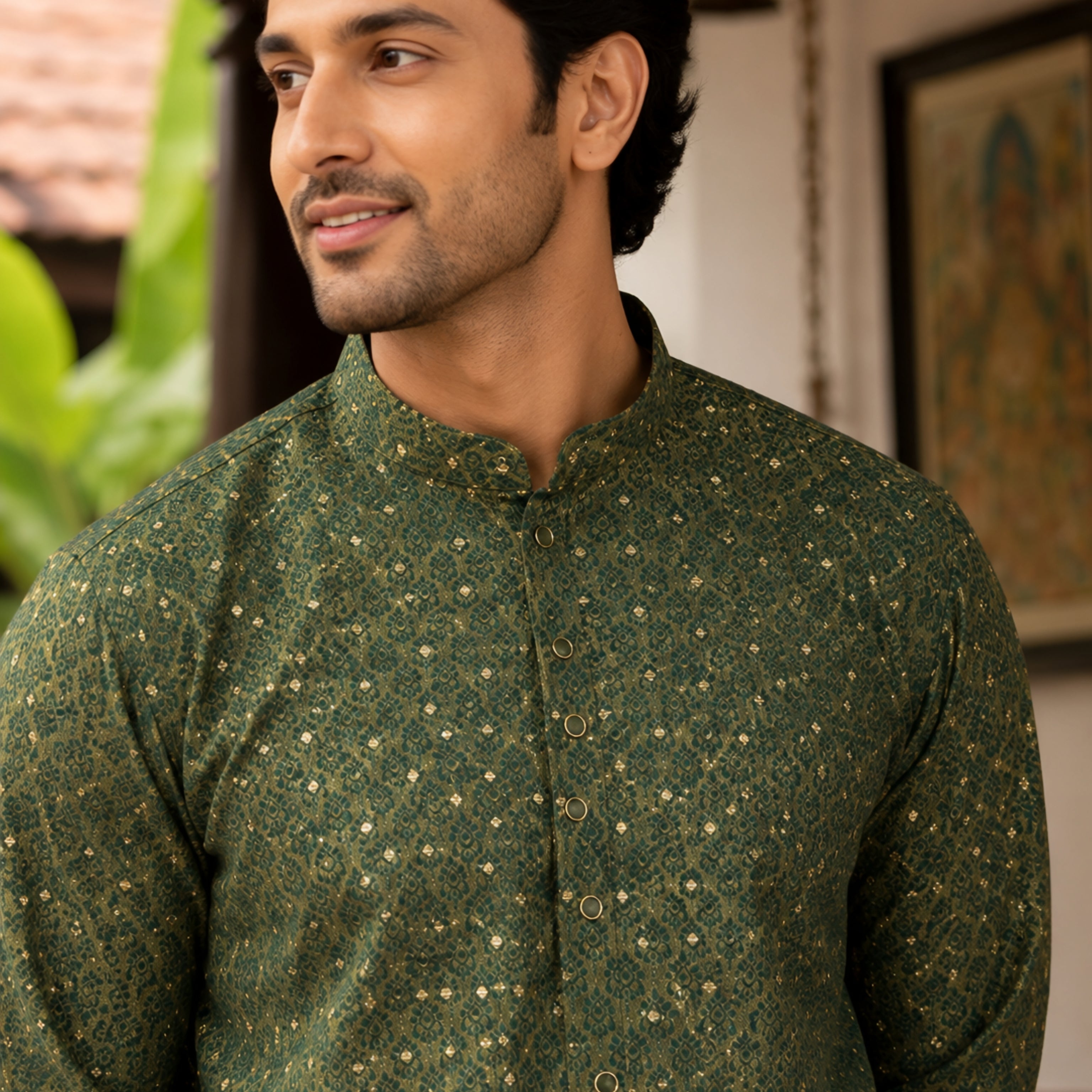 RAMA GREEN KANJEEVARAM SILK KNEE-LENGTH KURTA