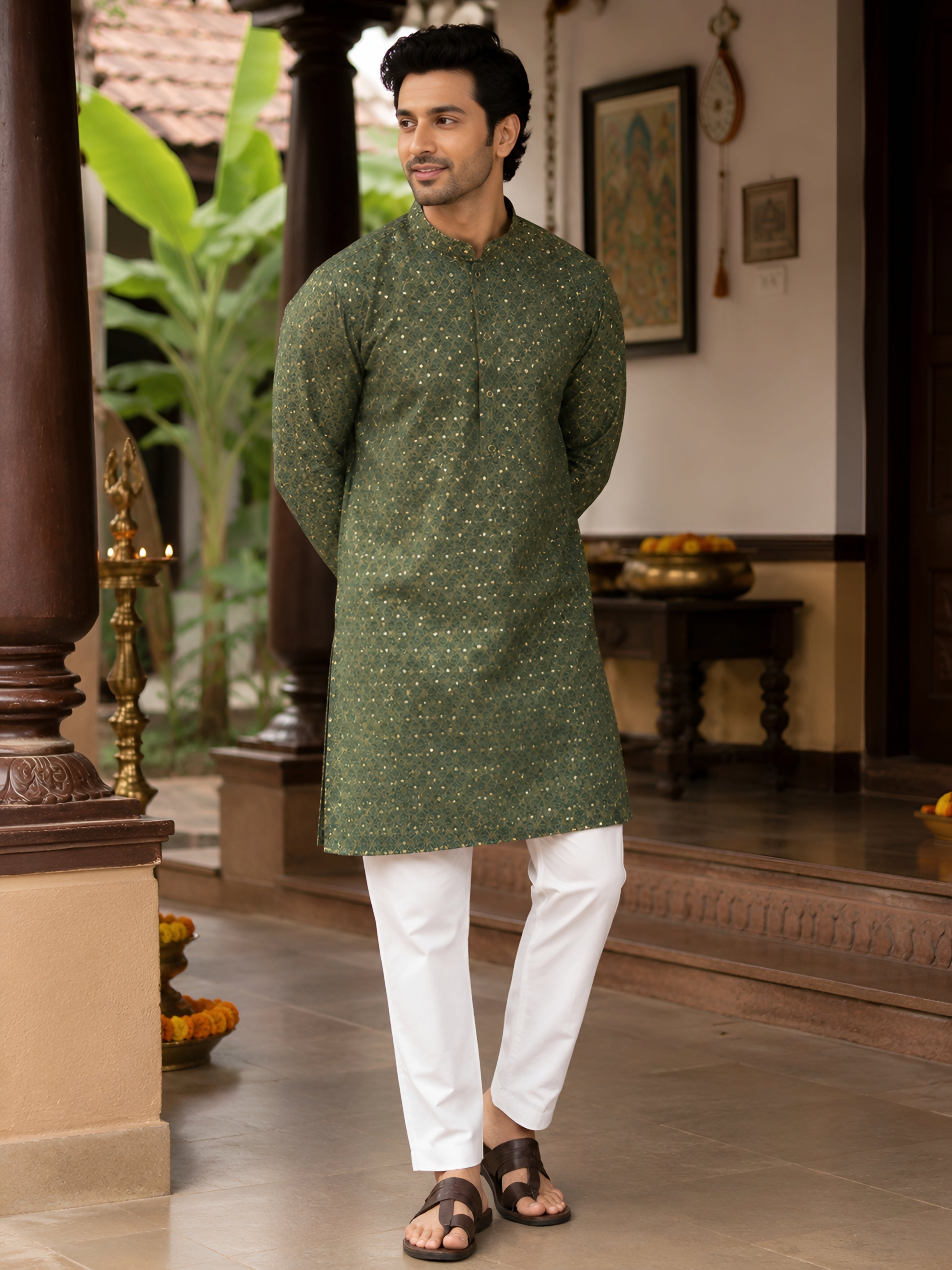 RAMA GREEN KANJEEVARAM SILK KNEE-LENGTH KURTA