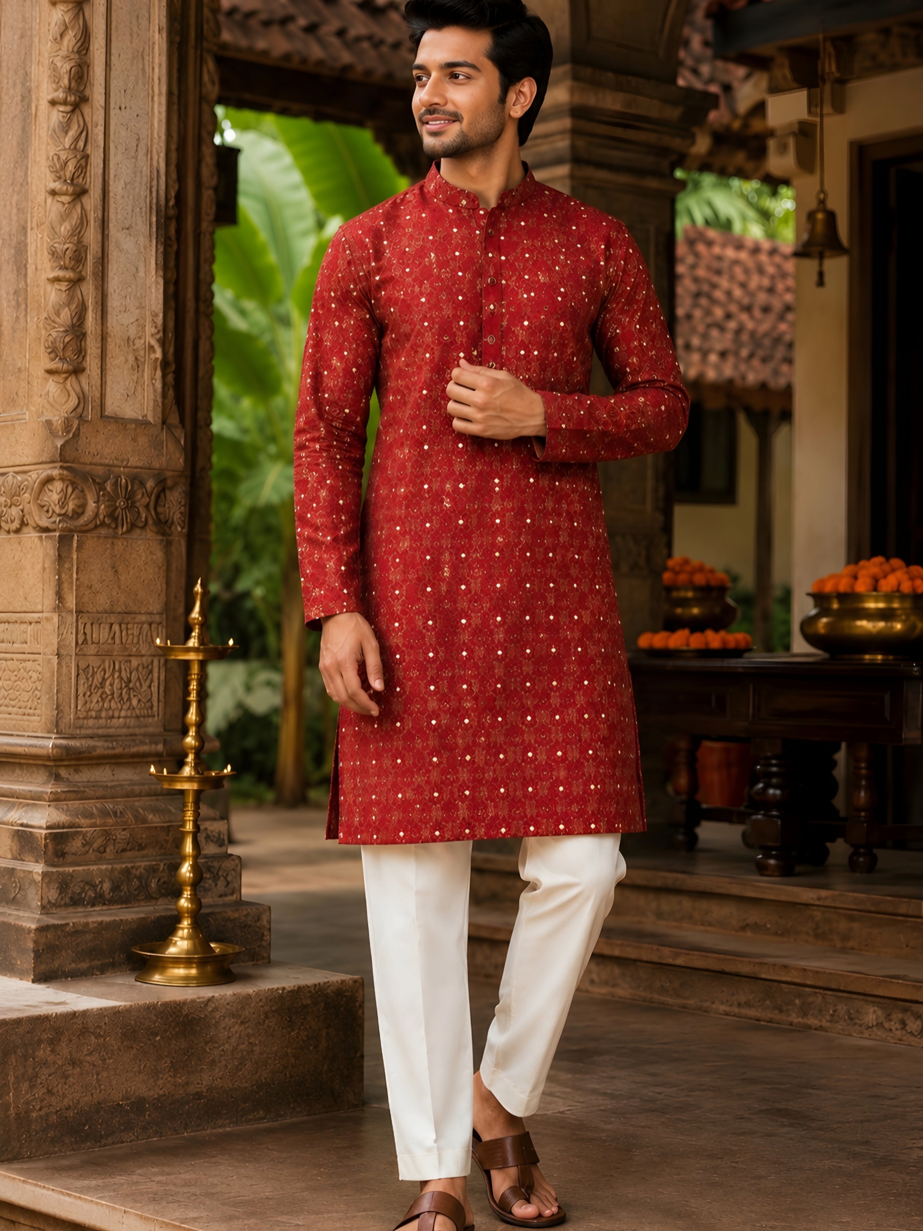 MAROON KANJEEVARAM SILK KNEE-LENGTH KURTA
