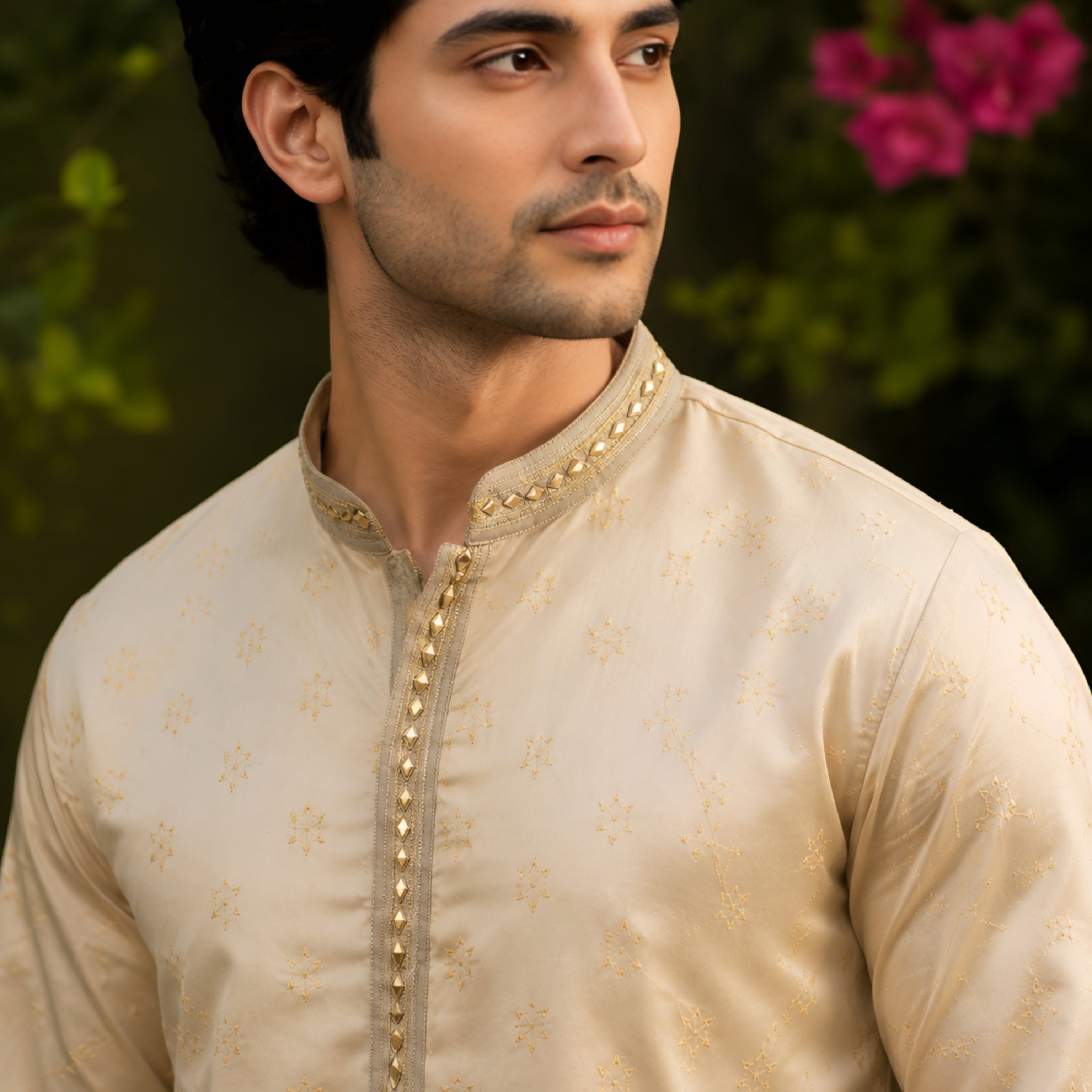 Golden Lime Silk Cotton Embroidered Kurta for Men