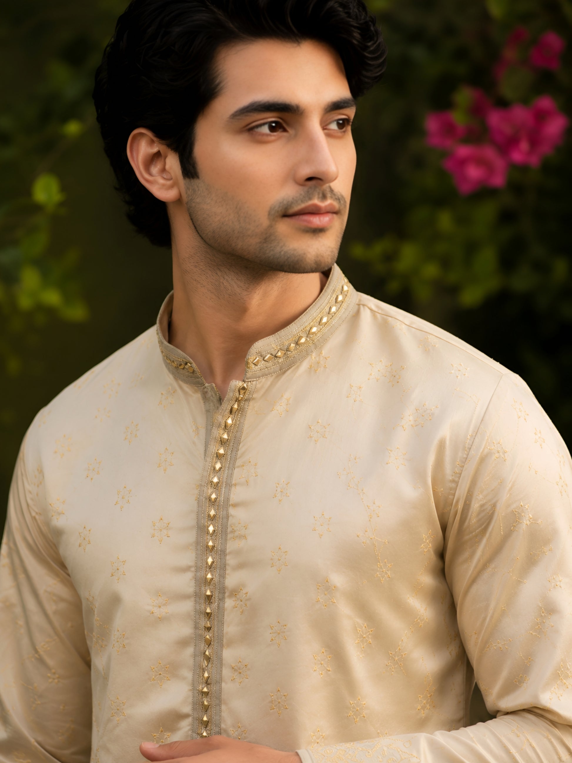 Golden Lime Silk Cotton Embroidered Kurta for Men
