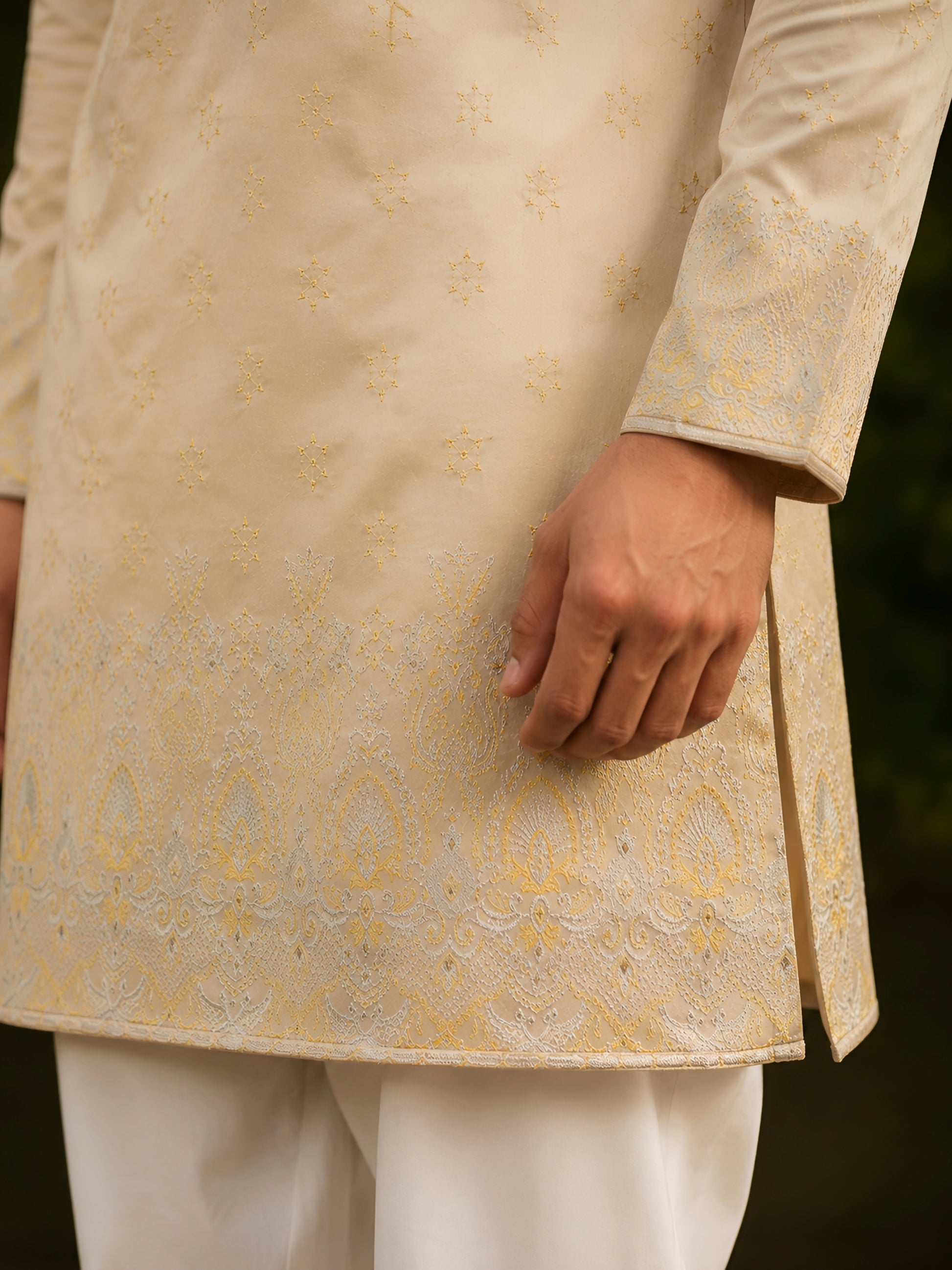 Golden Lime Silk Cotton Embroidered Kurta for Men