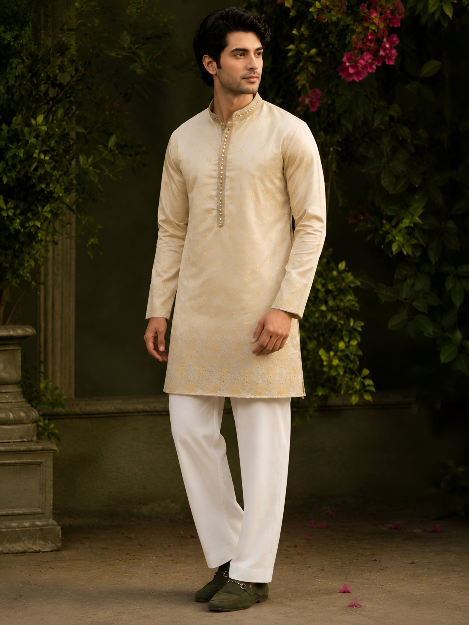 Golden Lime Silk Cotton Embroidered Kurta for Men