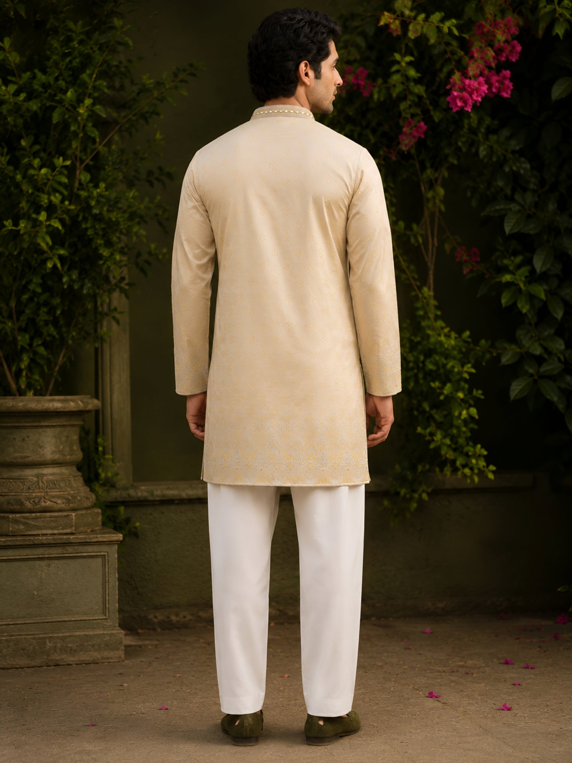 Golden Lime Silk Cotton Embroidered Kurta for Men