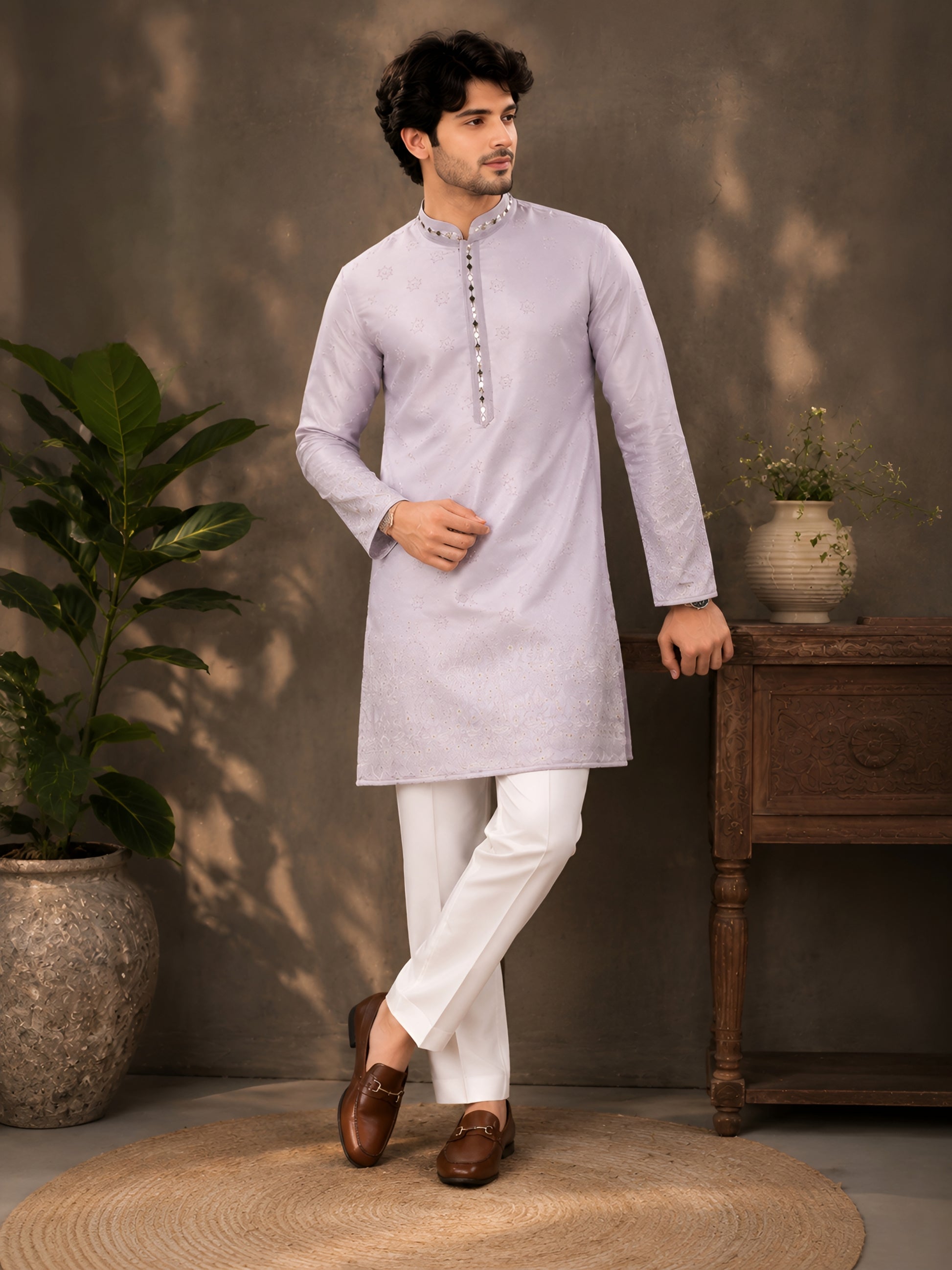 Lilac Silk Cotton Mirror Work Kurta for Men