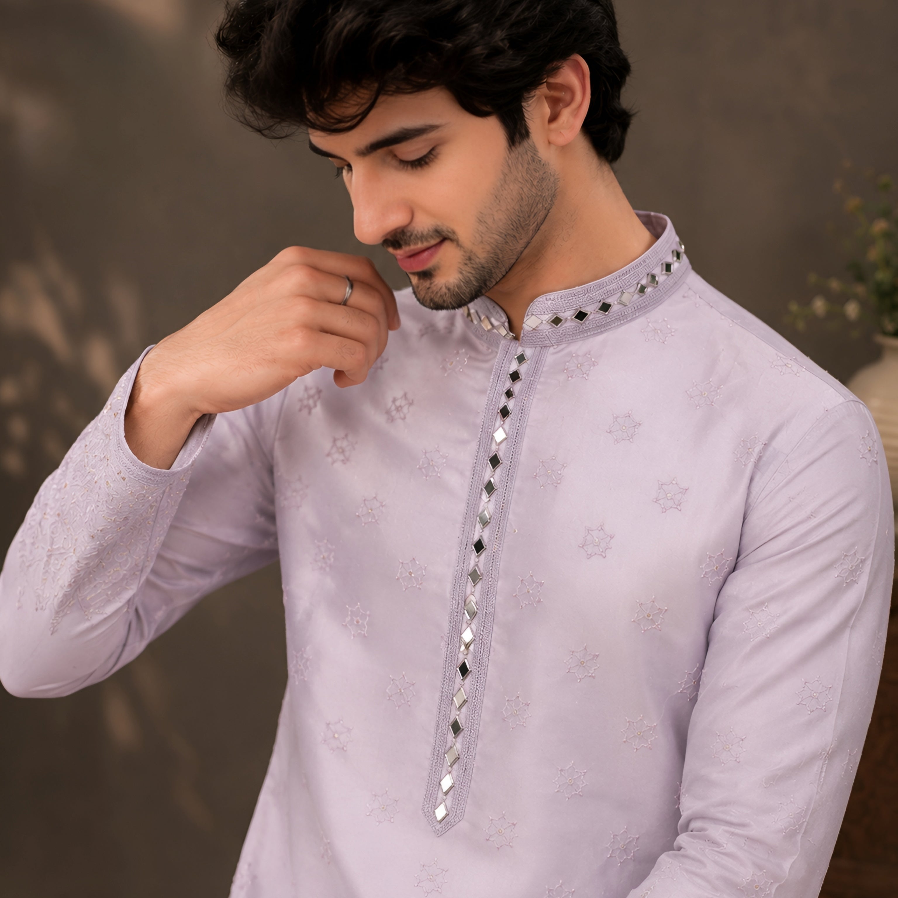 Lilac Silk Cotton Mirror Work Kurta for Men