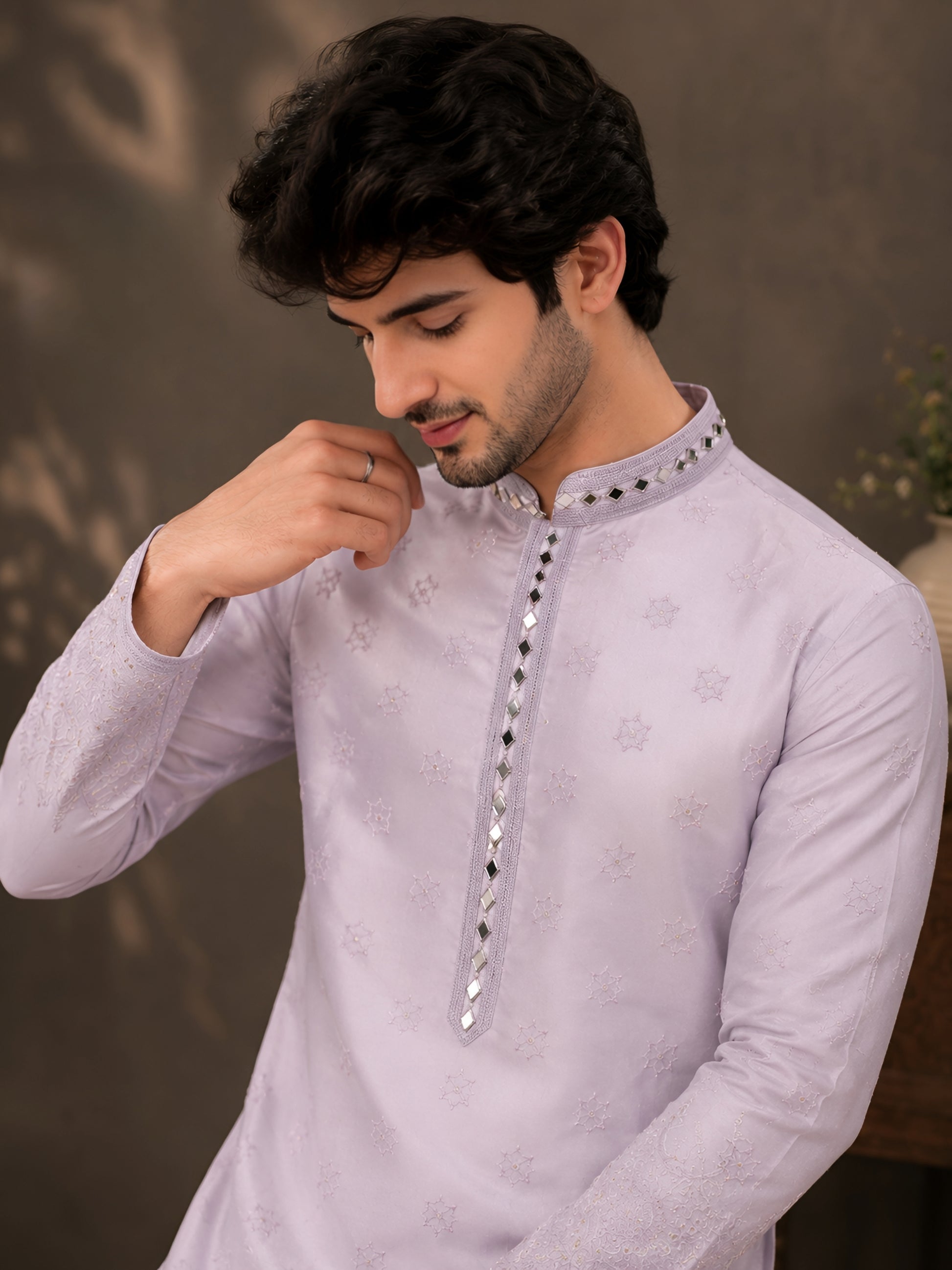 Lilac Silk Cotton Mirror Work Kurta for Men