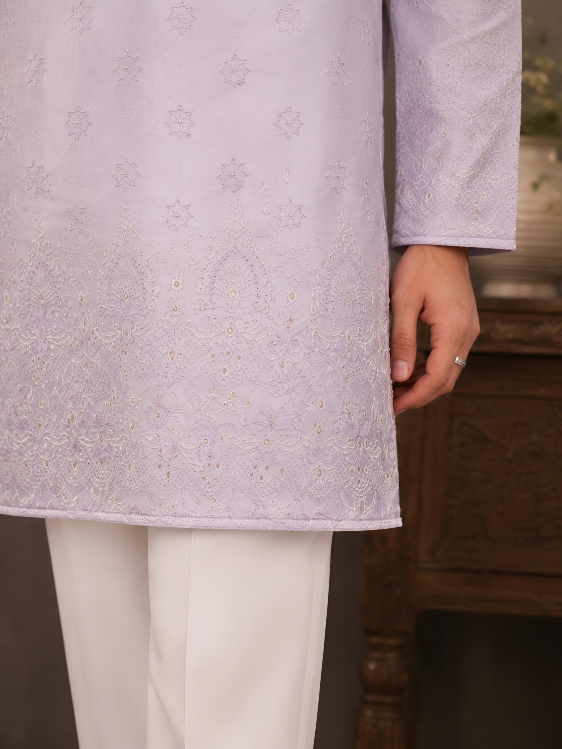 Lilac Silk Cotton Mirror Work Kurta for Men