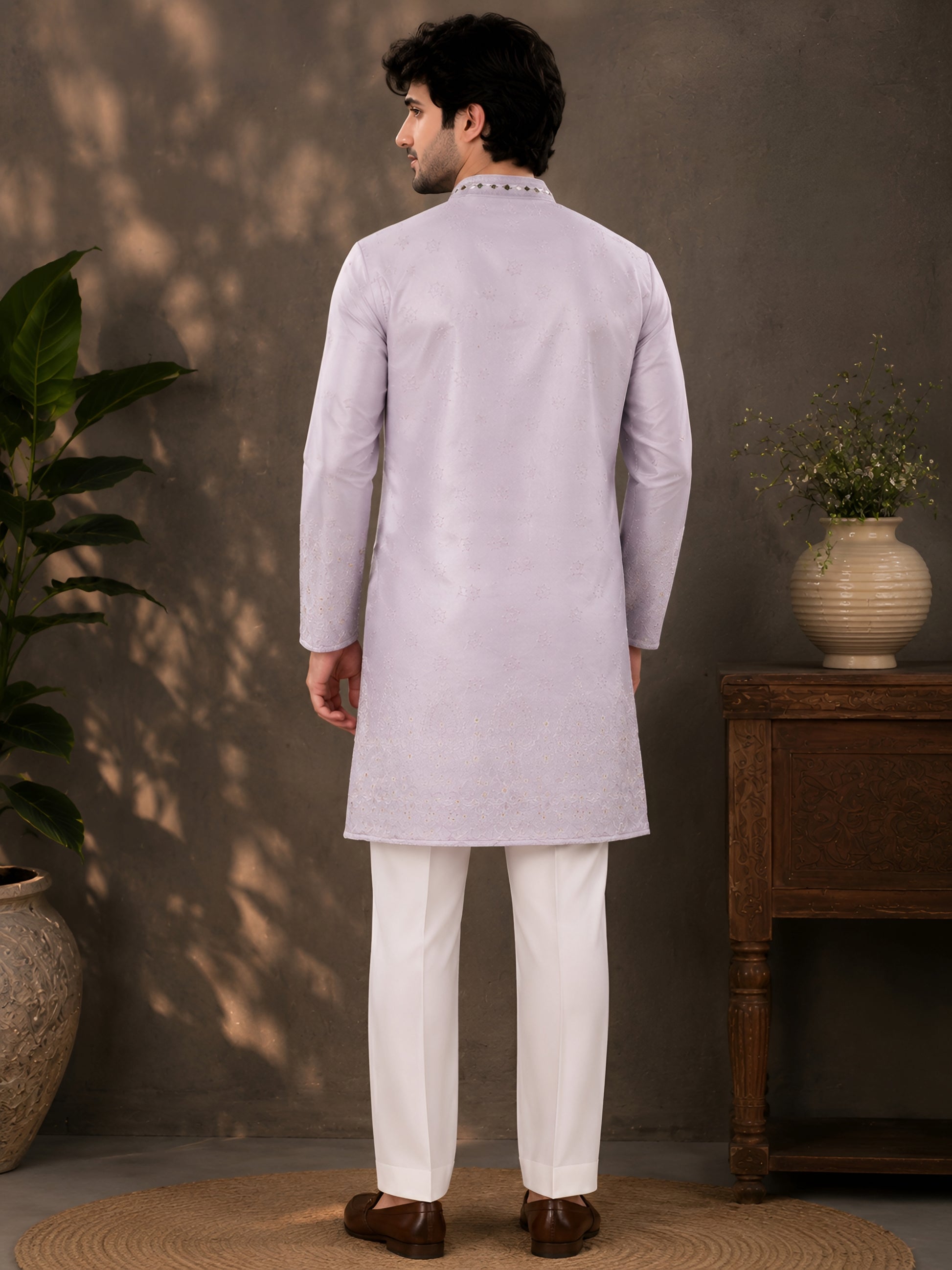 Lilac Silk Cotton Mirror Work Kurta for Men