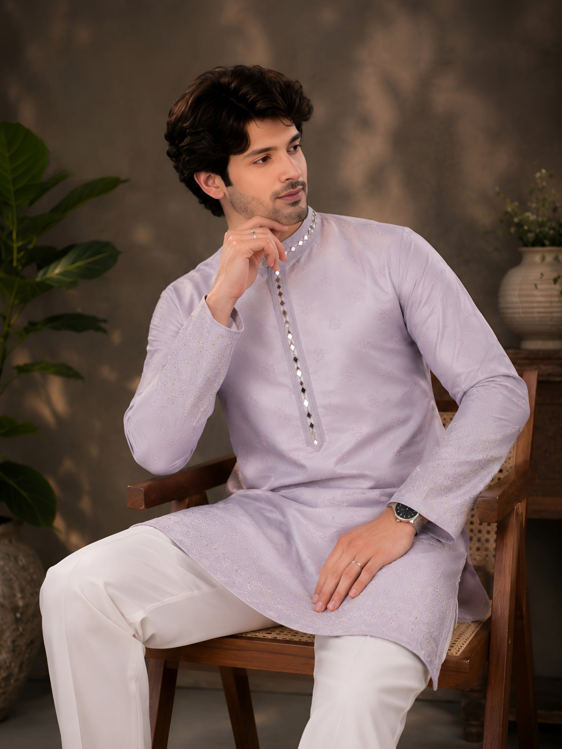 Lilac Silk Cotton Mirror Work Kurta for Men