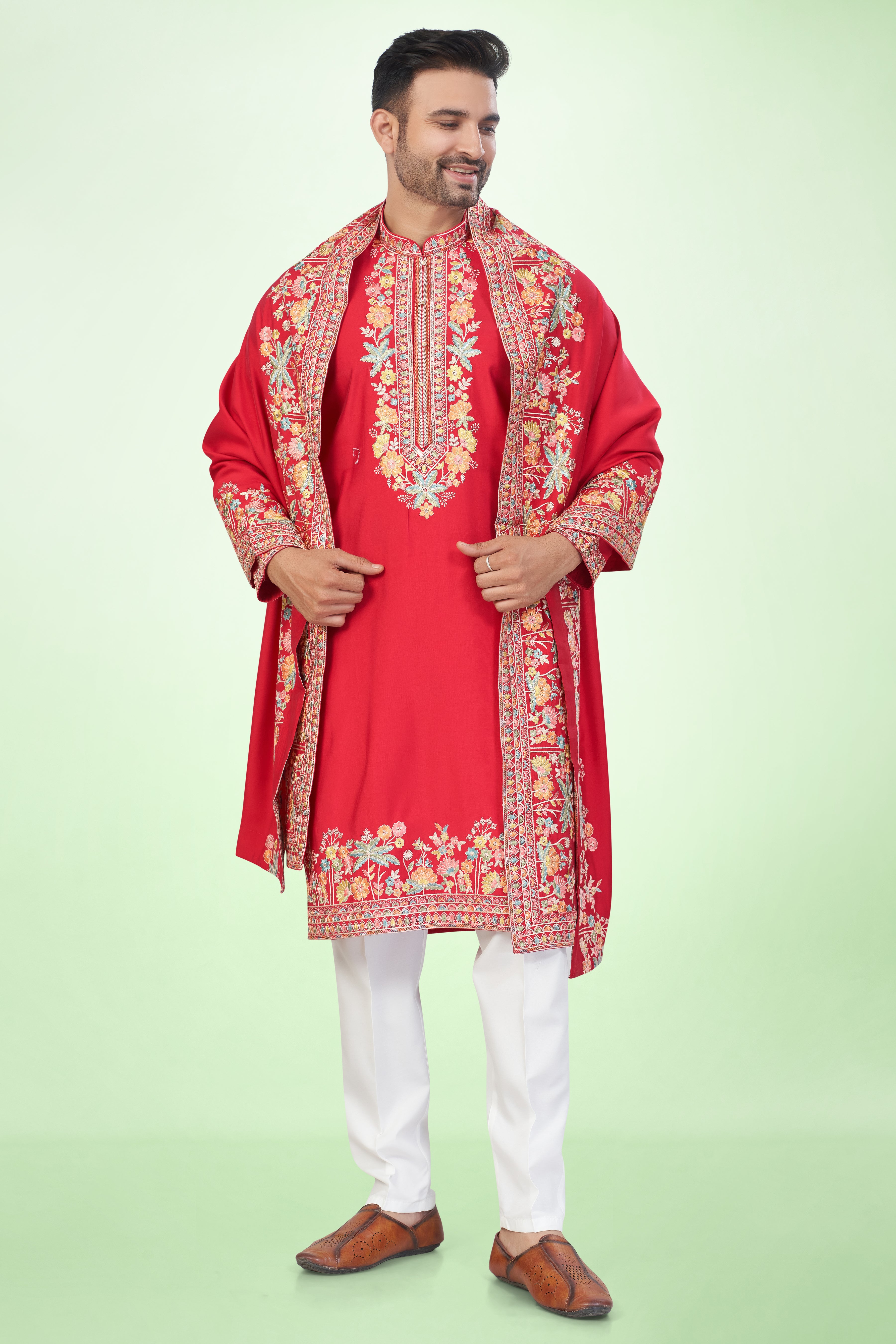 Regal Red Kashmiri Embroidered Kurta Set with Dupatta