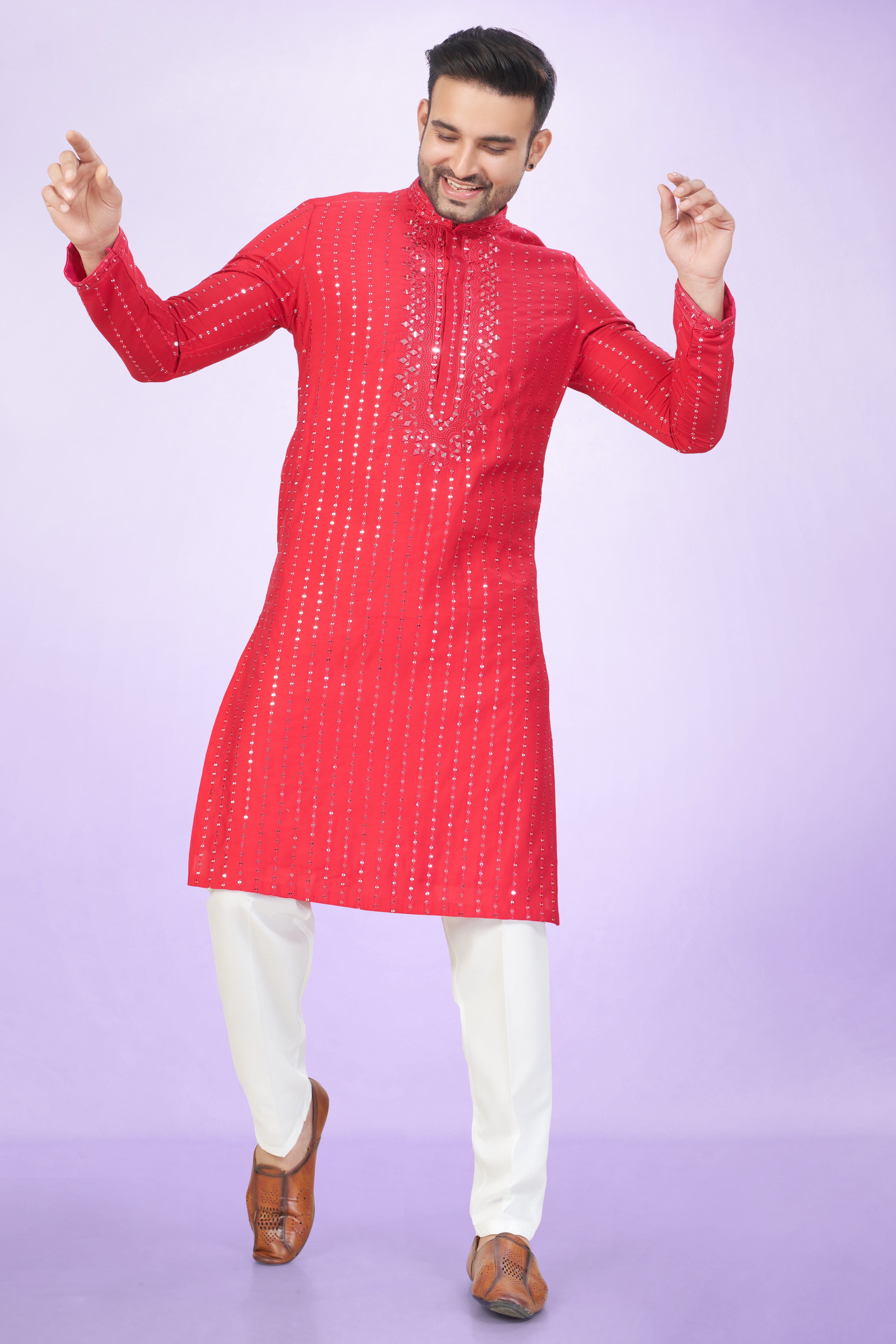Dazzling Red Mirror Work Kurta Set