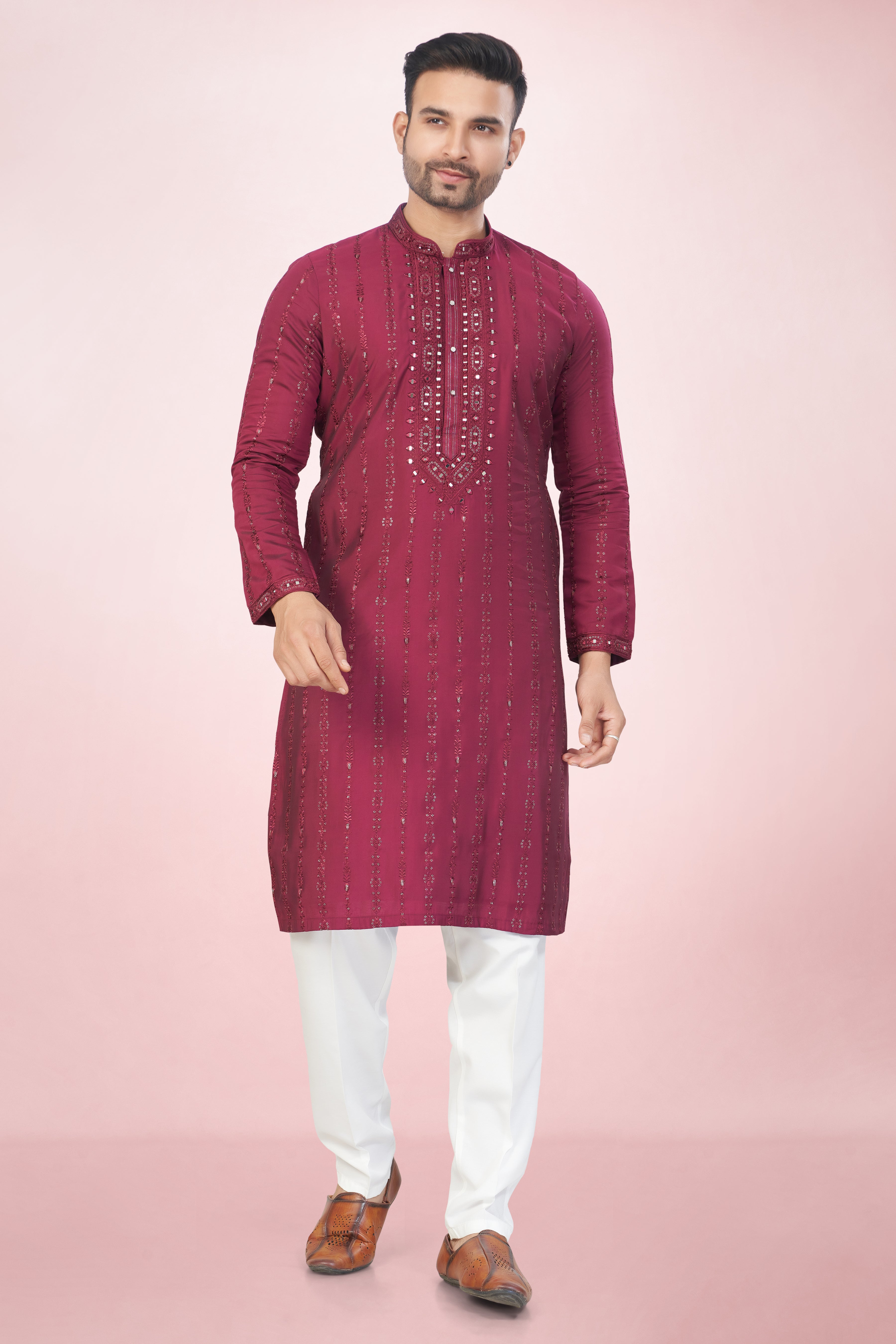 Deep Maroon Kurta Set With Subtle Mirror/Sequin Work