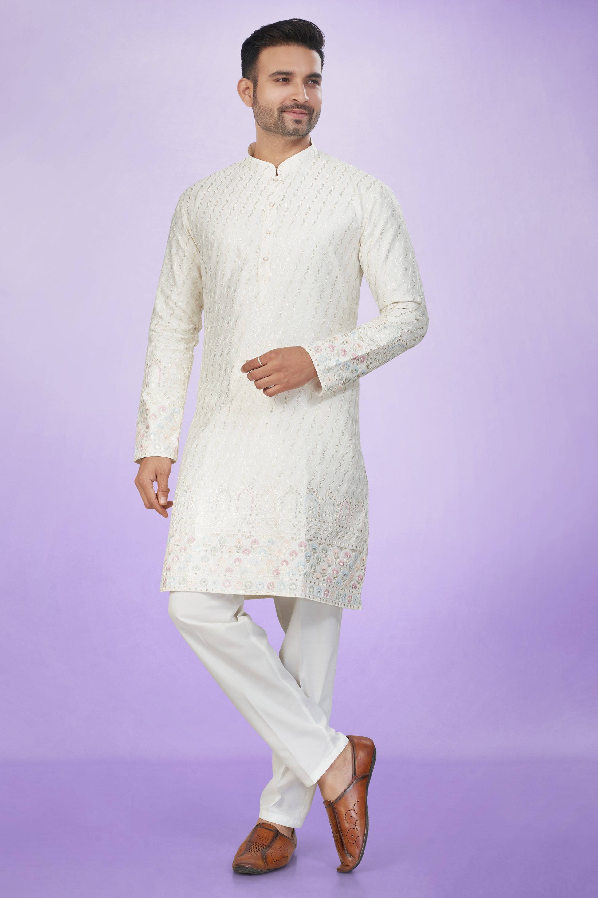 Stunning Off-White Embroidered Kurta