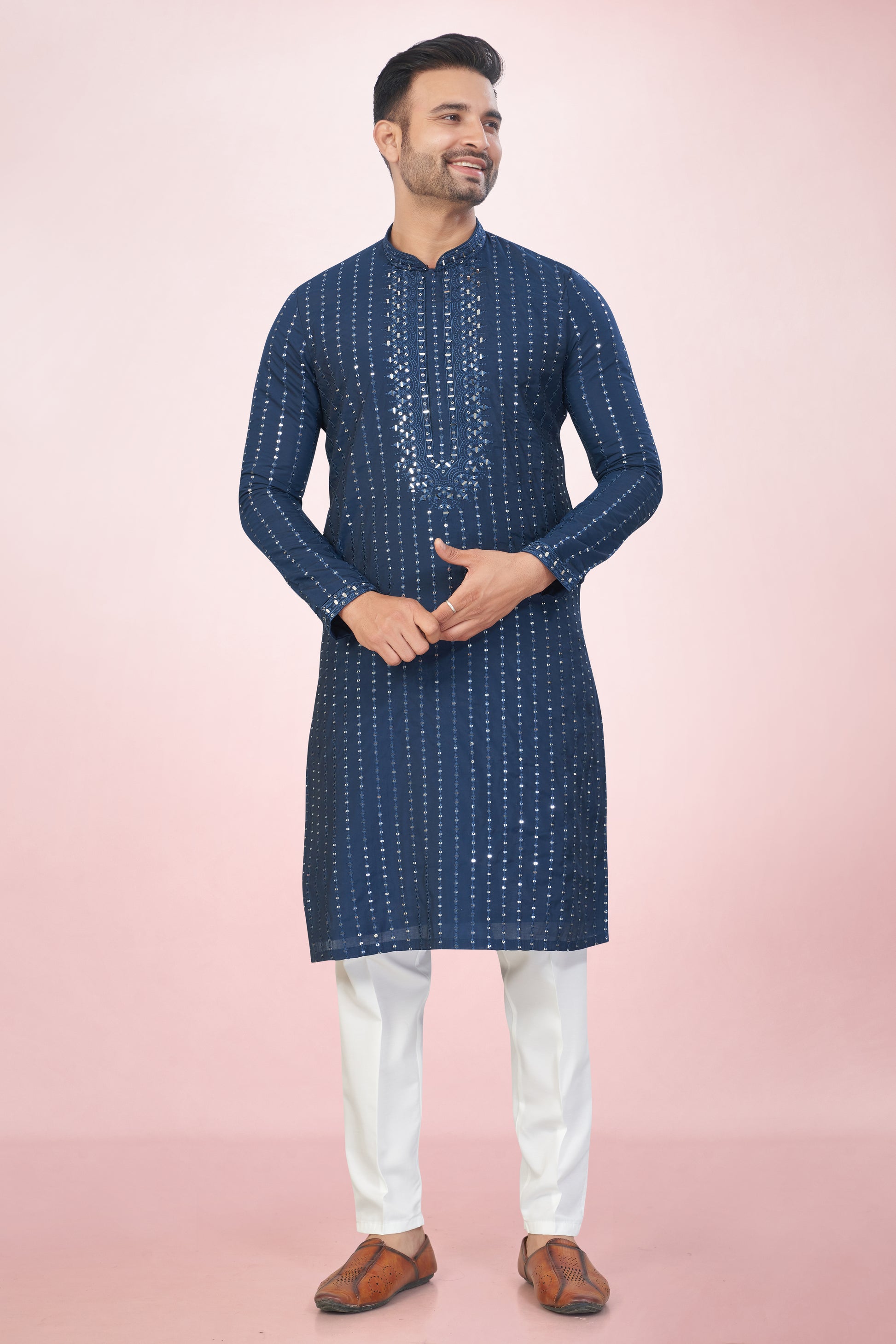 Midnight Navy Blue Mirror Work Kurta Set
