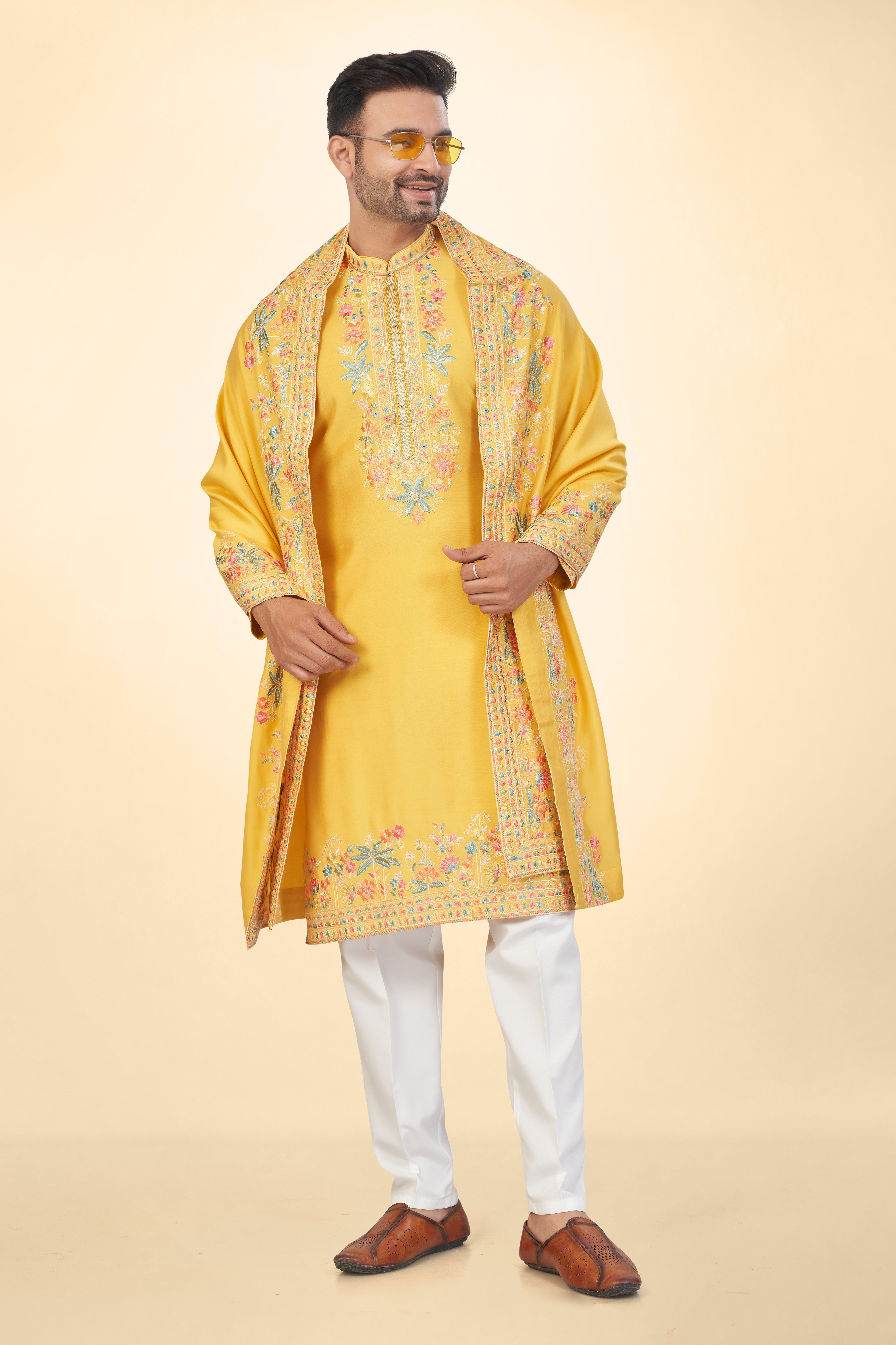 Marigold Yellow Kashmiri Embroidered Kurta Set with Dupatta