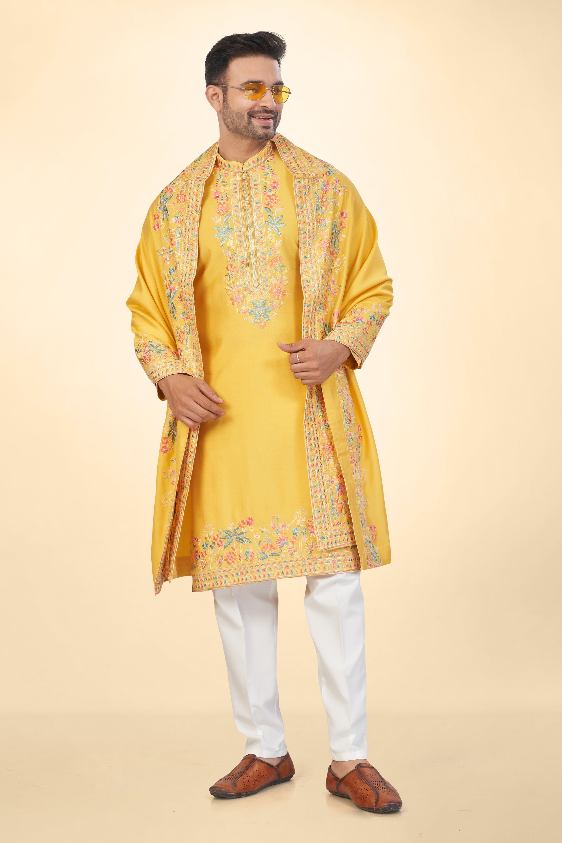 Marigold Yellow Kashmiri Embroidered Kurta Set with Dupatta