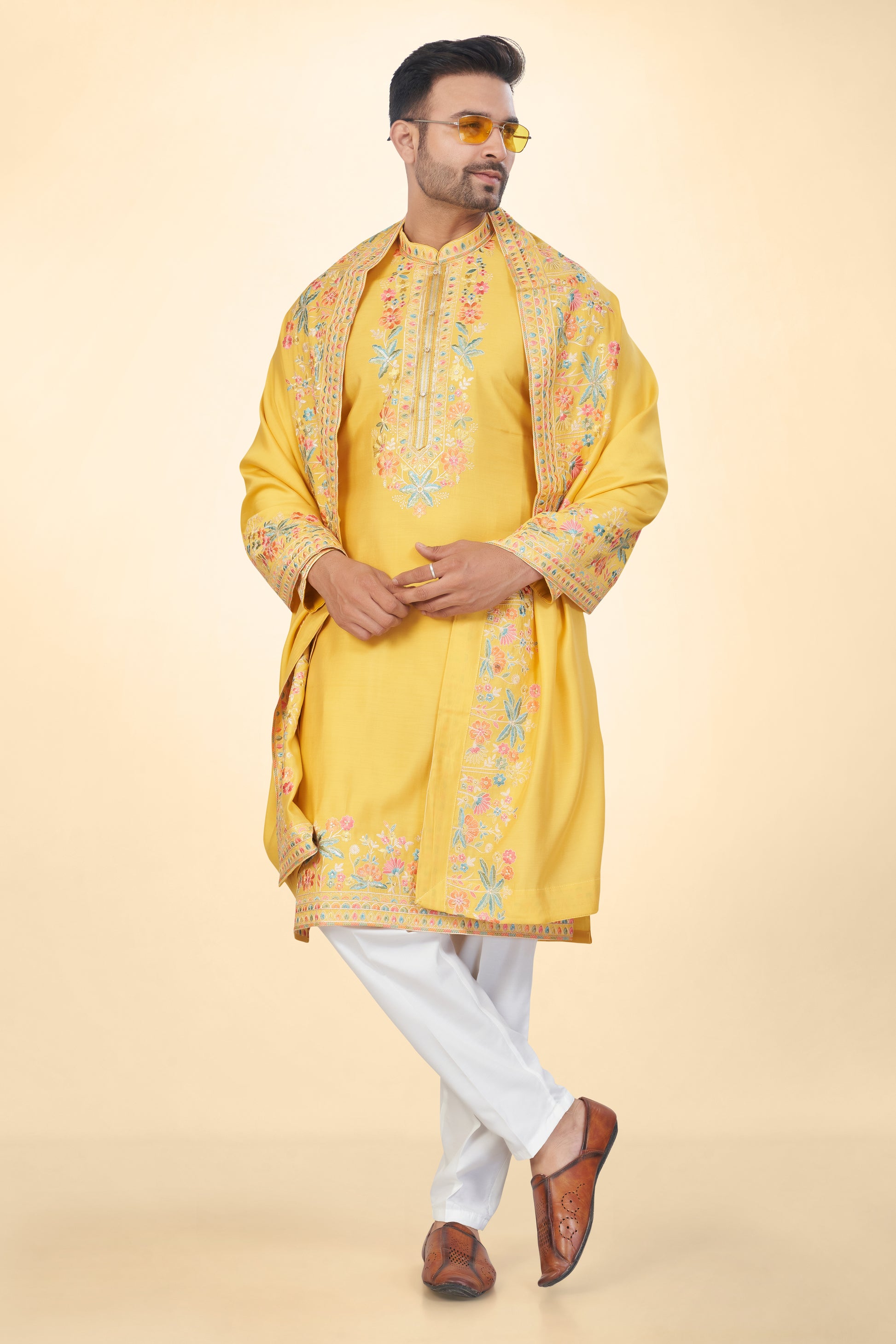 Marigold Yellow Kashmiri Embroidered Kurta Set with Dupatta