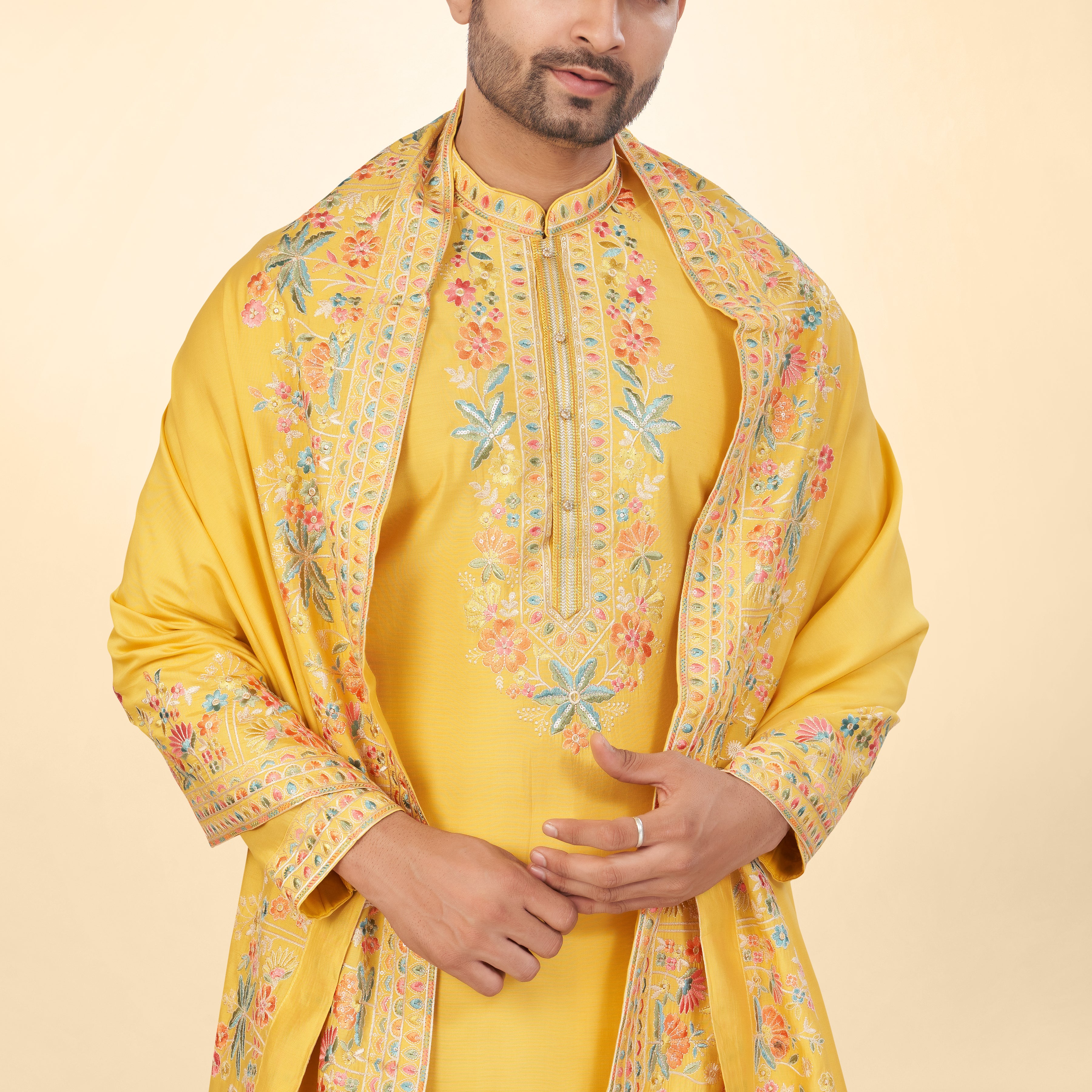 Marigold Yellow Kashmiri Embroidered Kurta Set with Dupatta