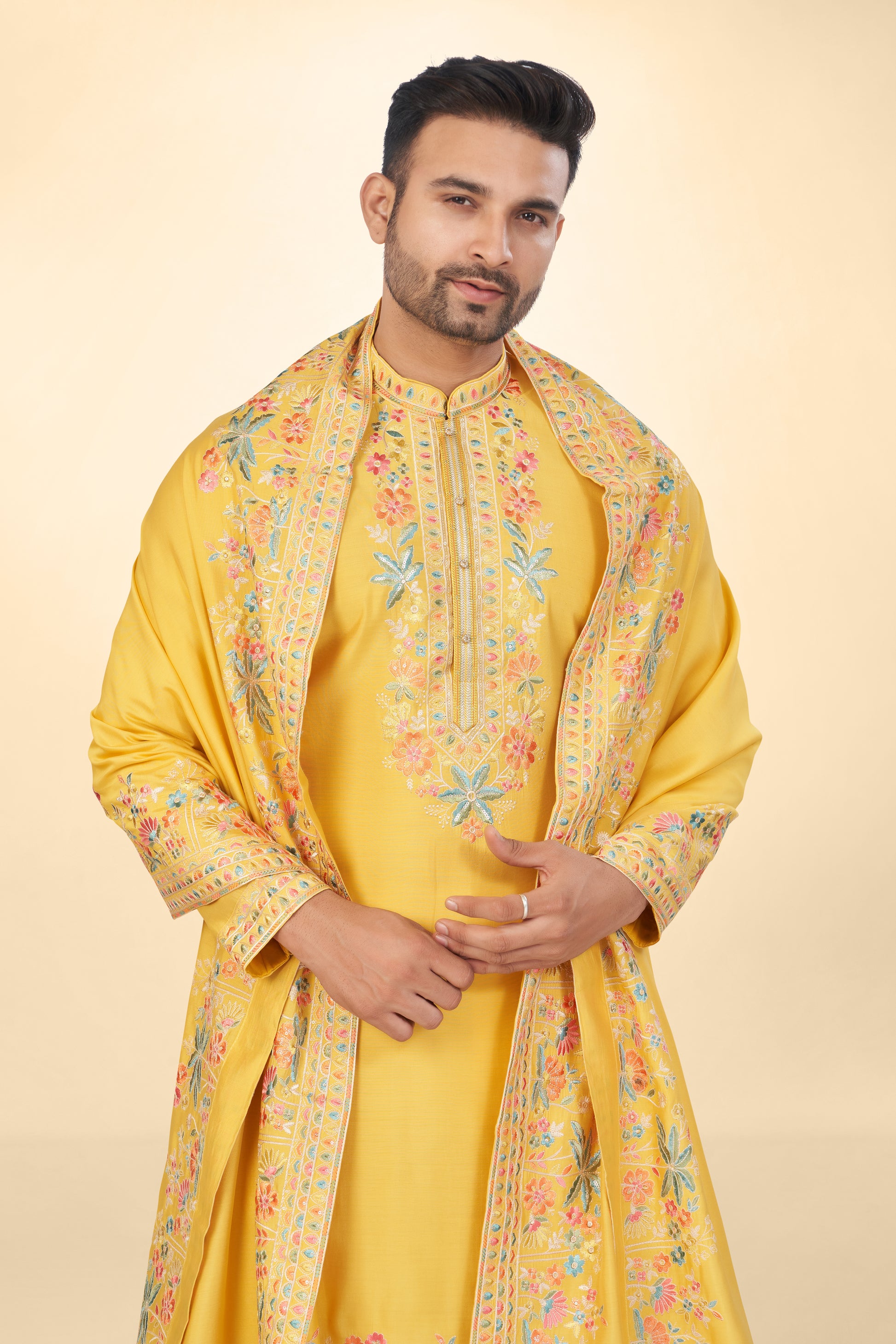 Marigold Yellow Kashmiri Embroidered Kurta Set with Dupatta
