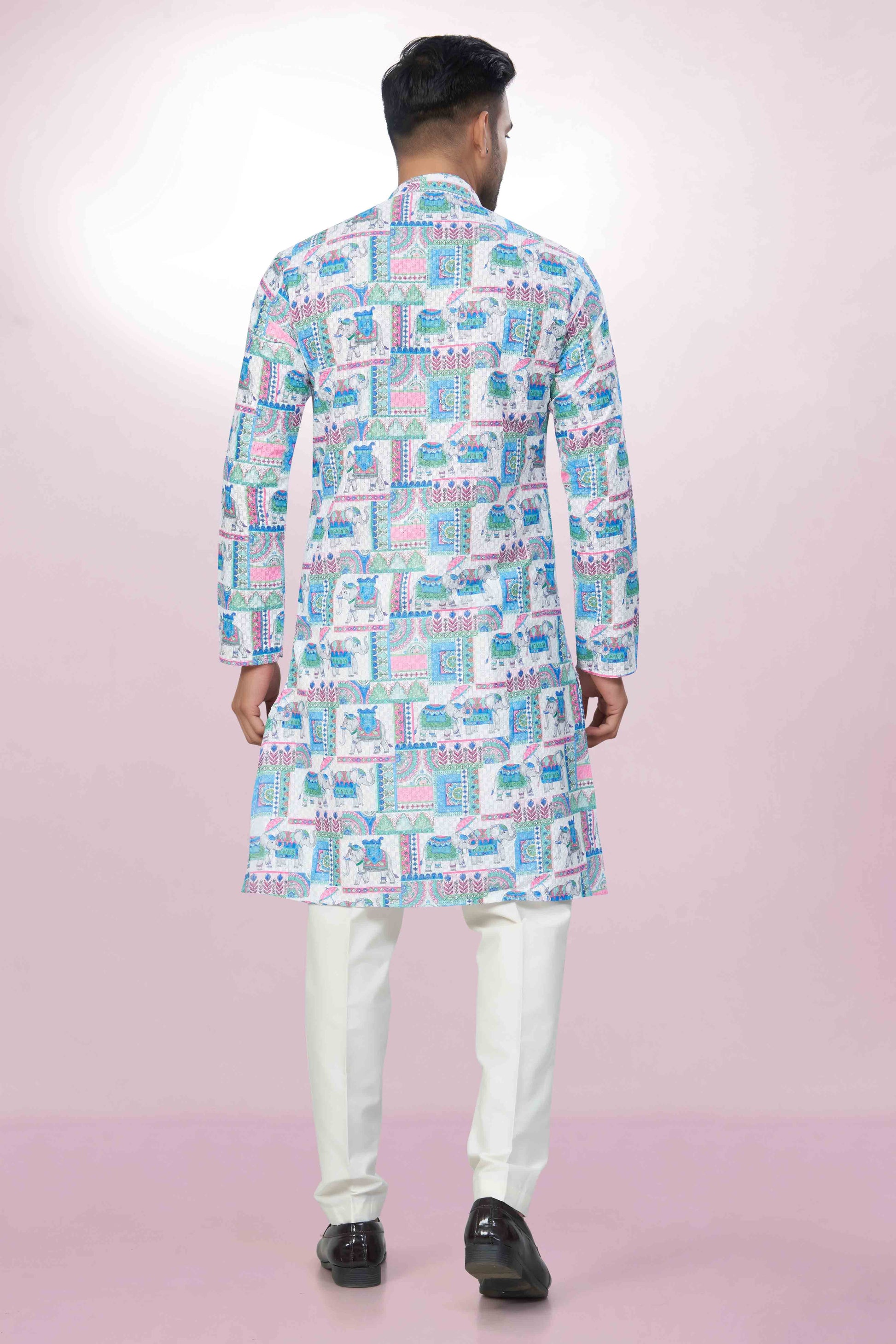 Elephant Printed Cotton Kurta For Men | Chickenkari Work